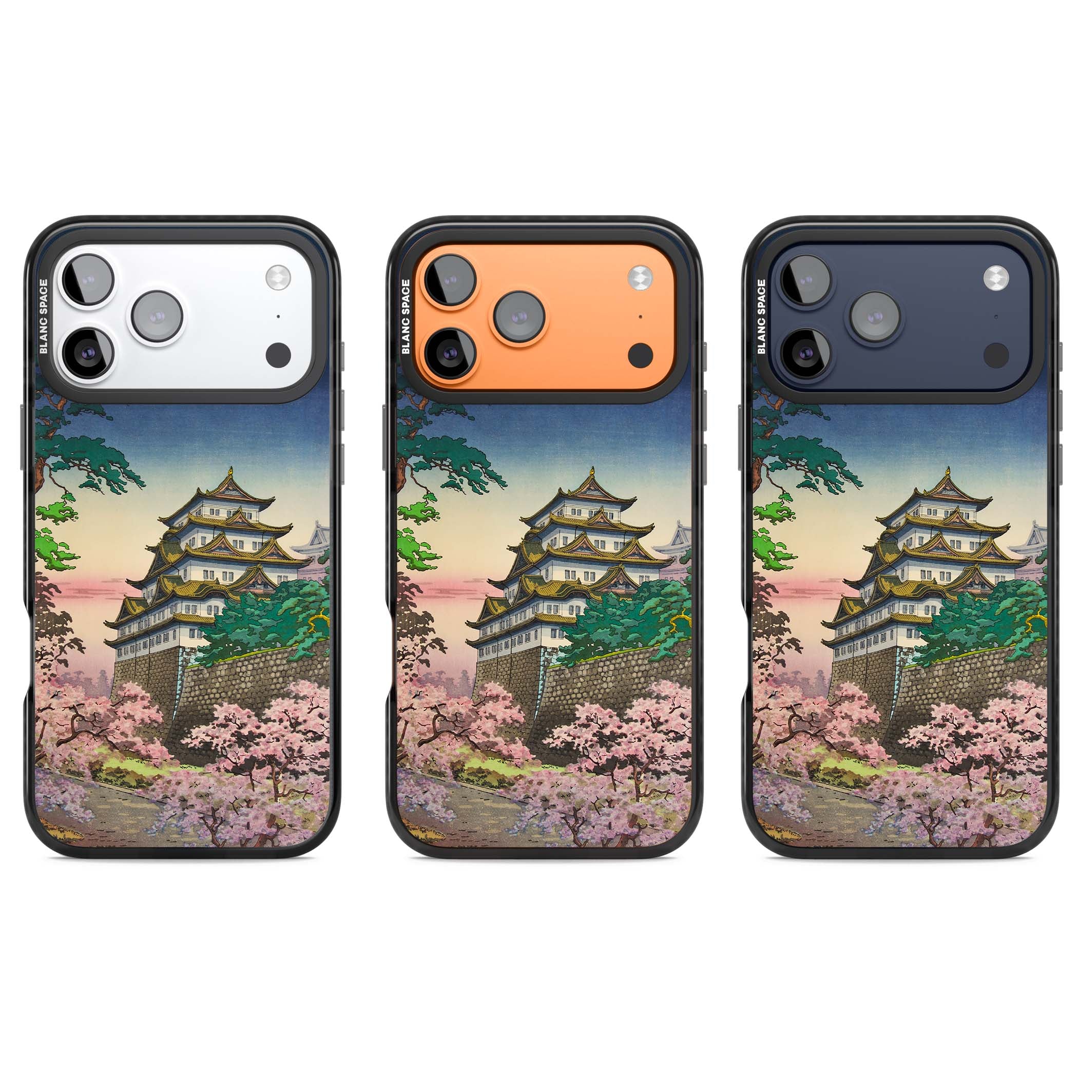 Nagoya Castle Japanese iPhone case featuring a vintage pagoda, twilight sky and cherry blossom trees | Black Impact Magsafe case for iPhone 17 Pro, iPhone 17 Pro Max
