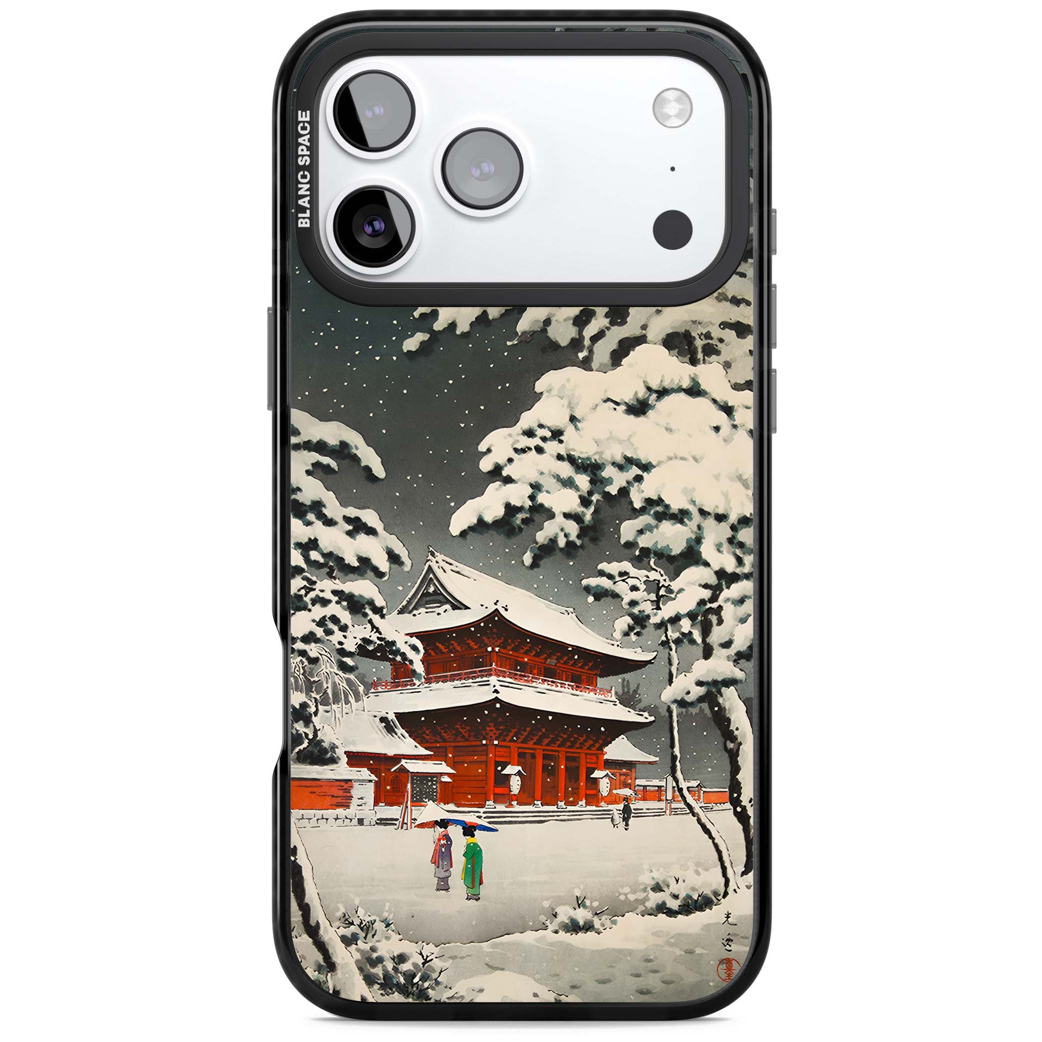 Snow at Shiha Park, Tokyo Japanese art iPhone case featuring a vintage ukiyo-e snowy temple, red pagoda, and snow-covered pin | Black Impact Magsafe case for iPhone 17 Pro, iPhone 17 Pro Max
