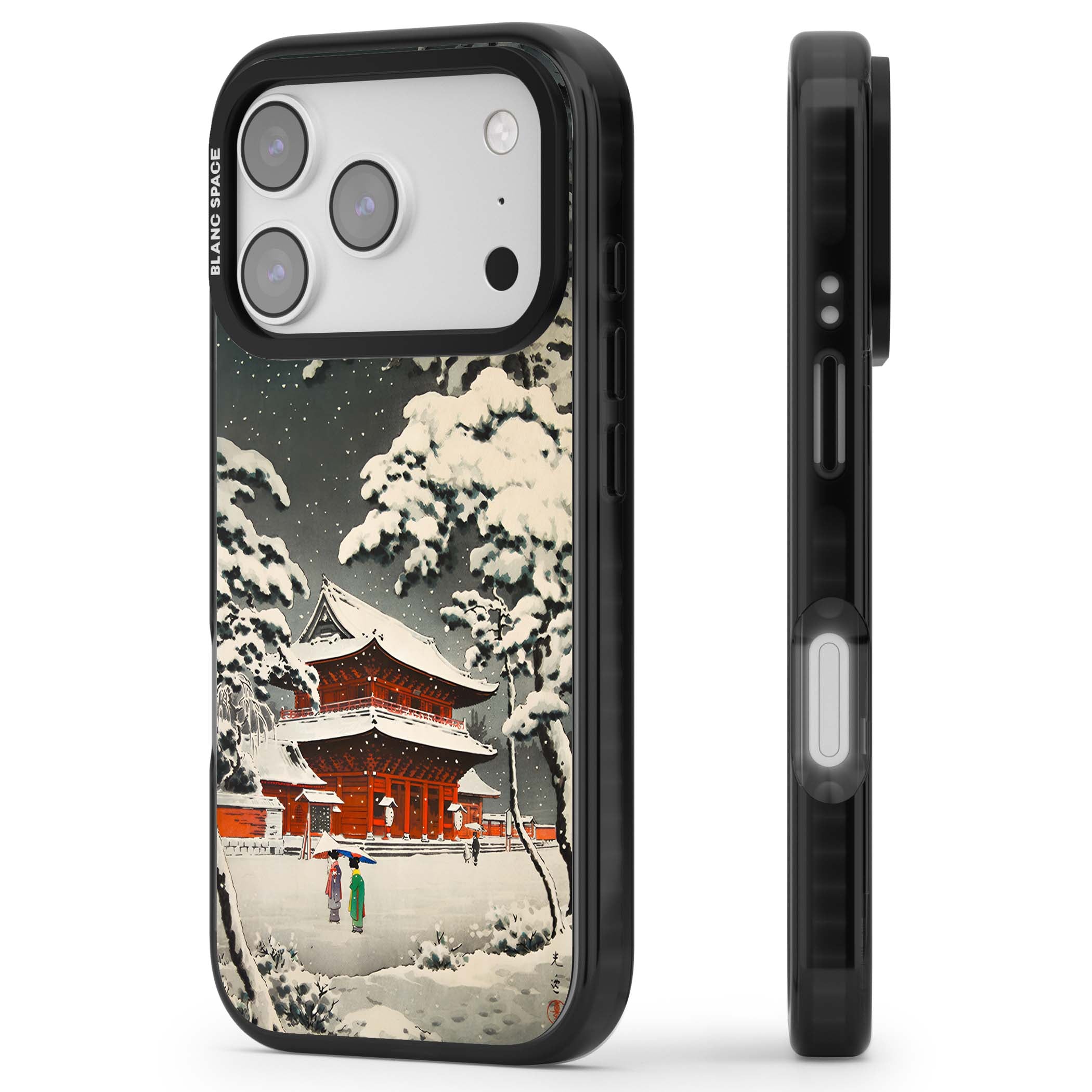 Snow at Shiha Park, Tokyo Japanese art iPhone case featuring a vintage ukiyo-e snowy temple, red pagoda, and snow-covered pin | Black Impact Magsafe case for iPhone 17 Pro, iPhone 17 Pro Max