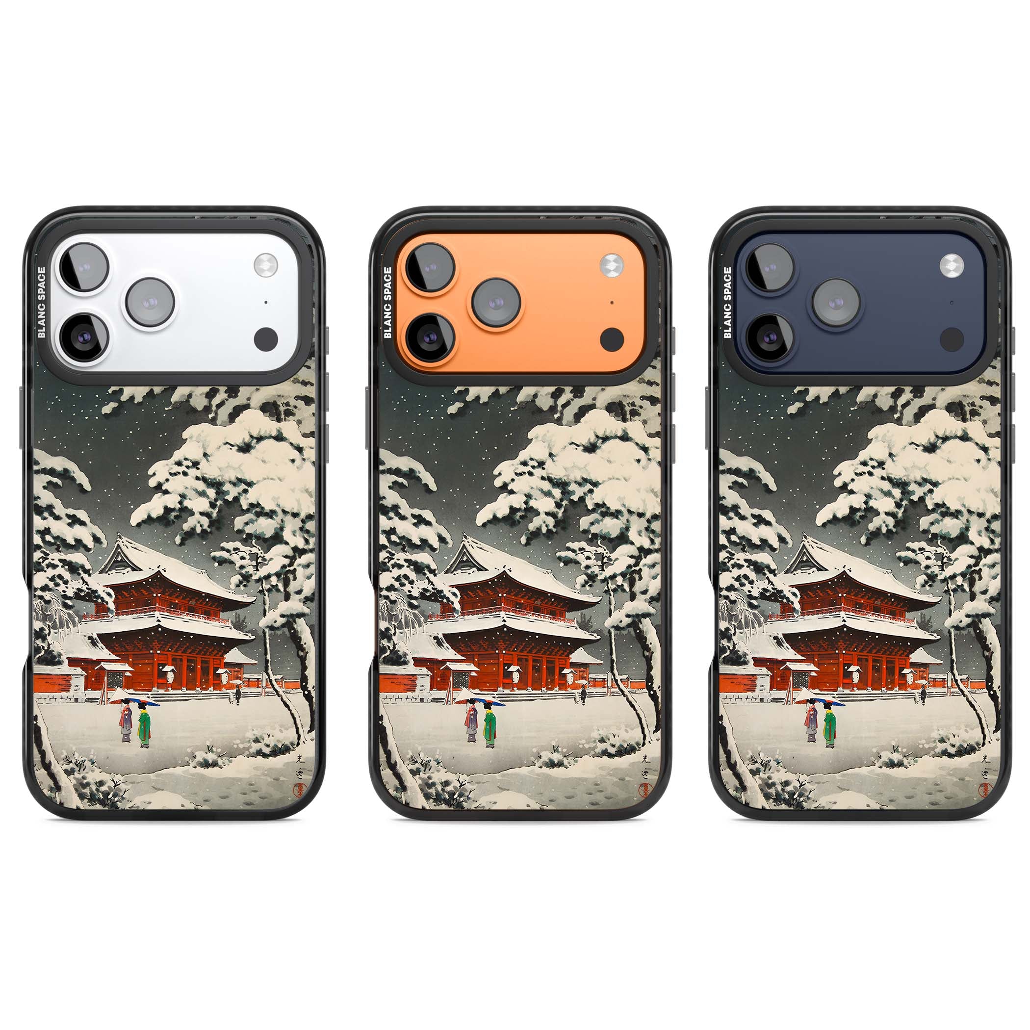 Snow at Shiha Park, Tokyo Japanese art iPhone case featuring a vintage ukiyo-e snowy temple, red pagoda, and snow-covered pin | Black Impact Magsafe case for iPhone 17 Pro, iPhone 17 Pro Max