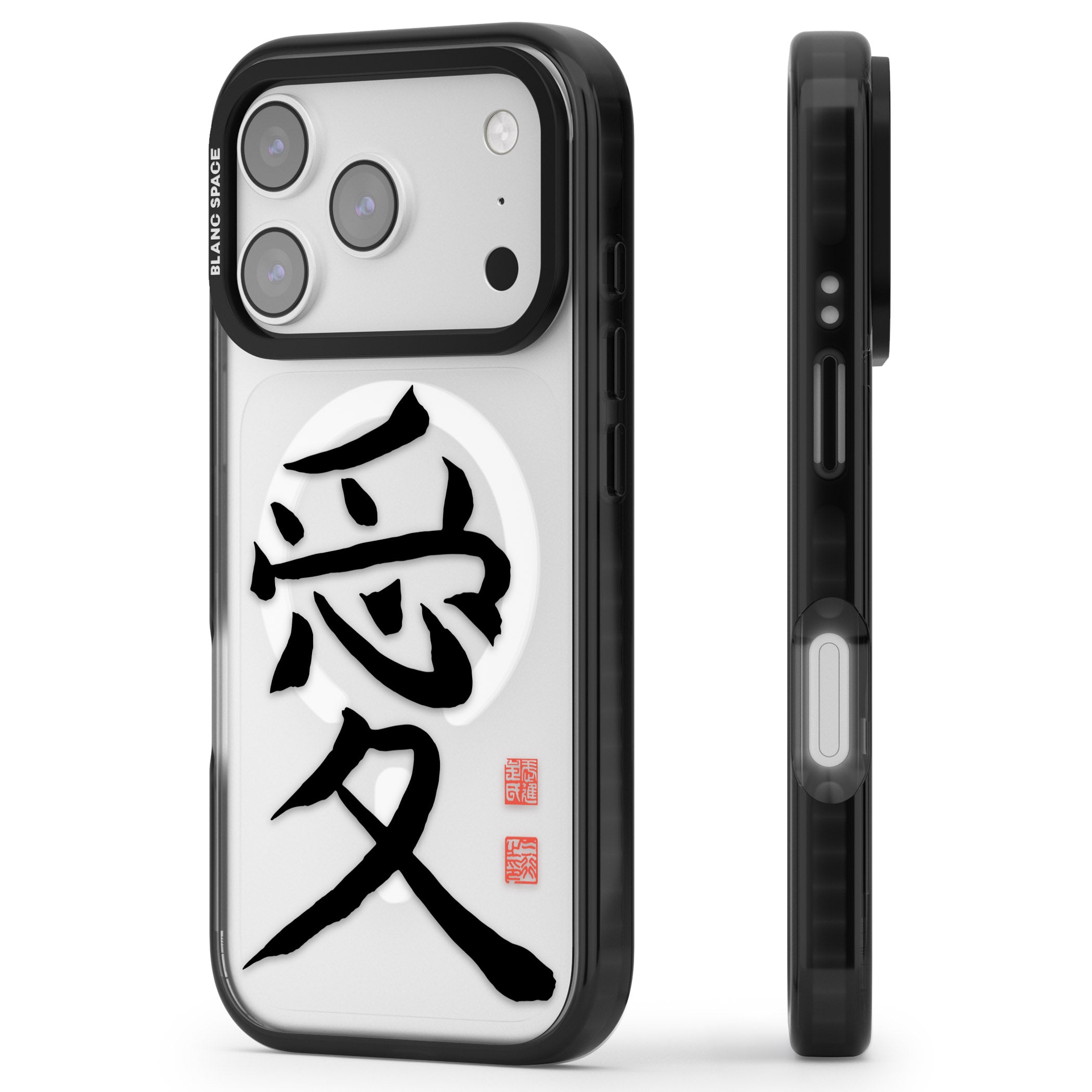 Japanese Kanji Love iPhone 17 Pro Impact Pro Black Phone Case Side Profile