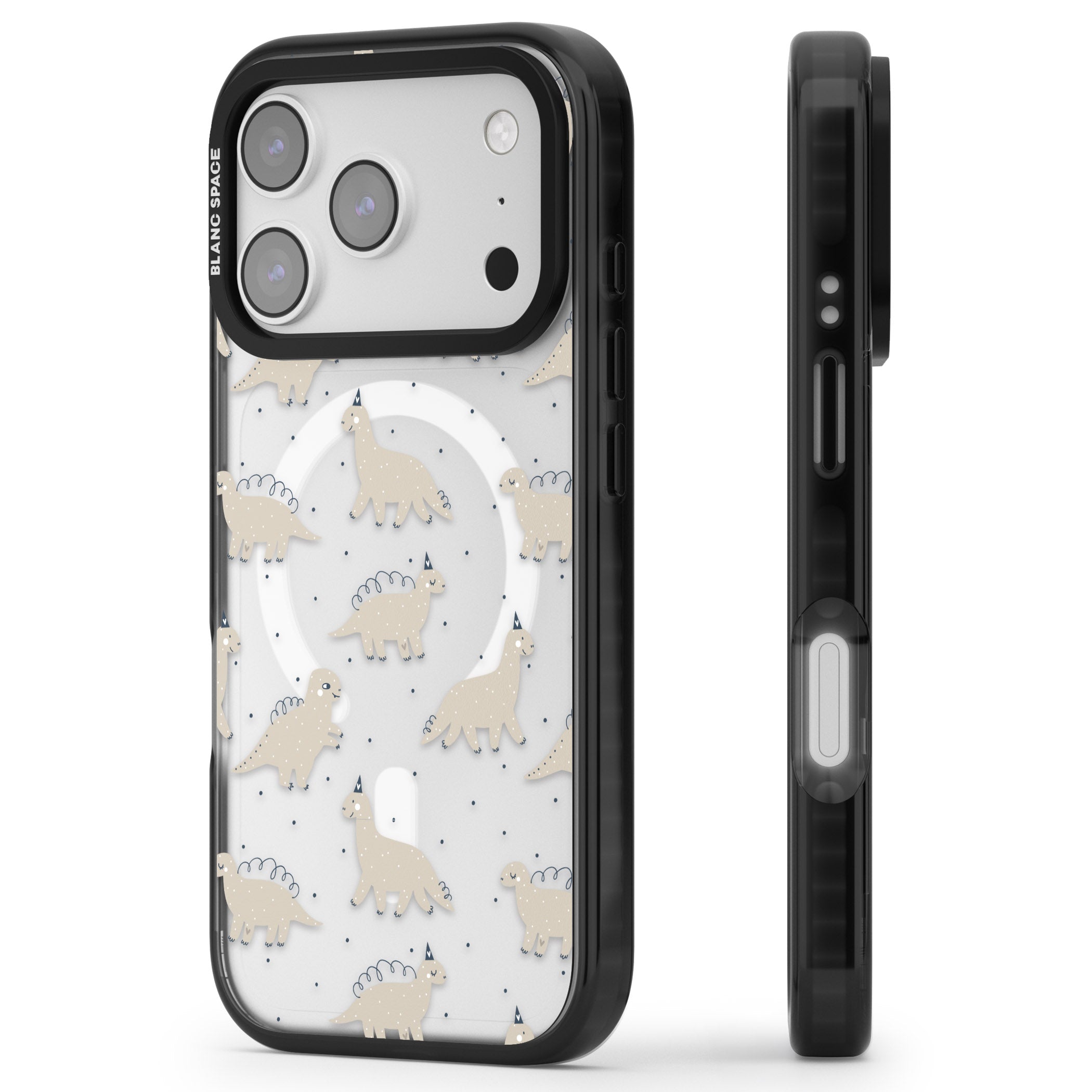 Adorable Dino Pattern iPhone 17 Pro Impact Pro Black Phone Case Side Profile