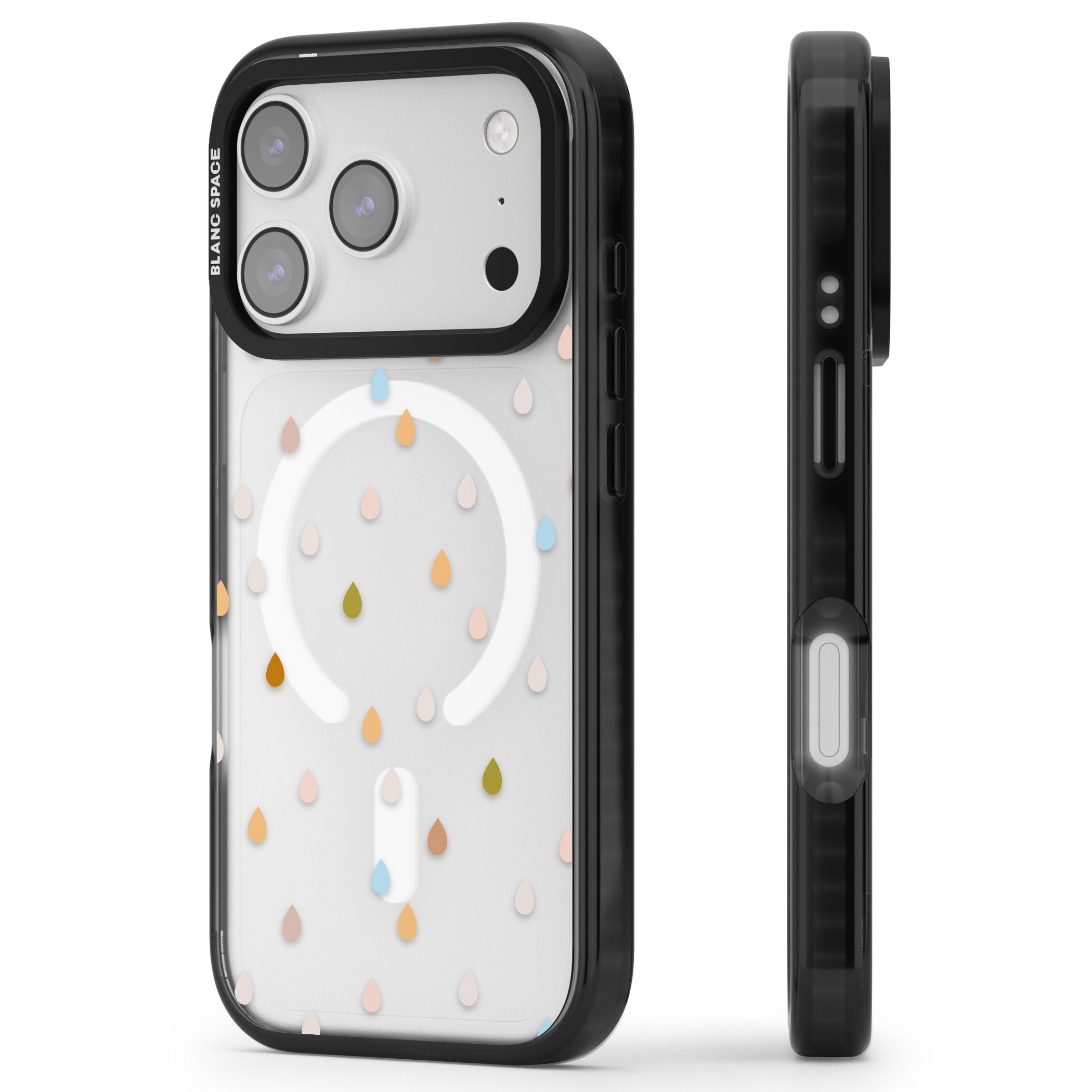 Pastel Raindrops iPhone 17 Pro Impact Pro Black Phone Case Side Profile