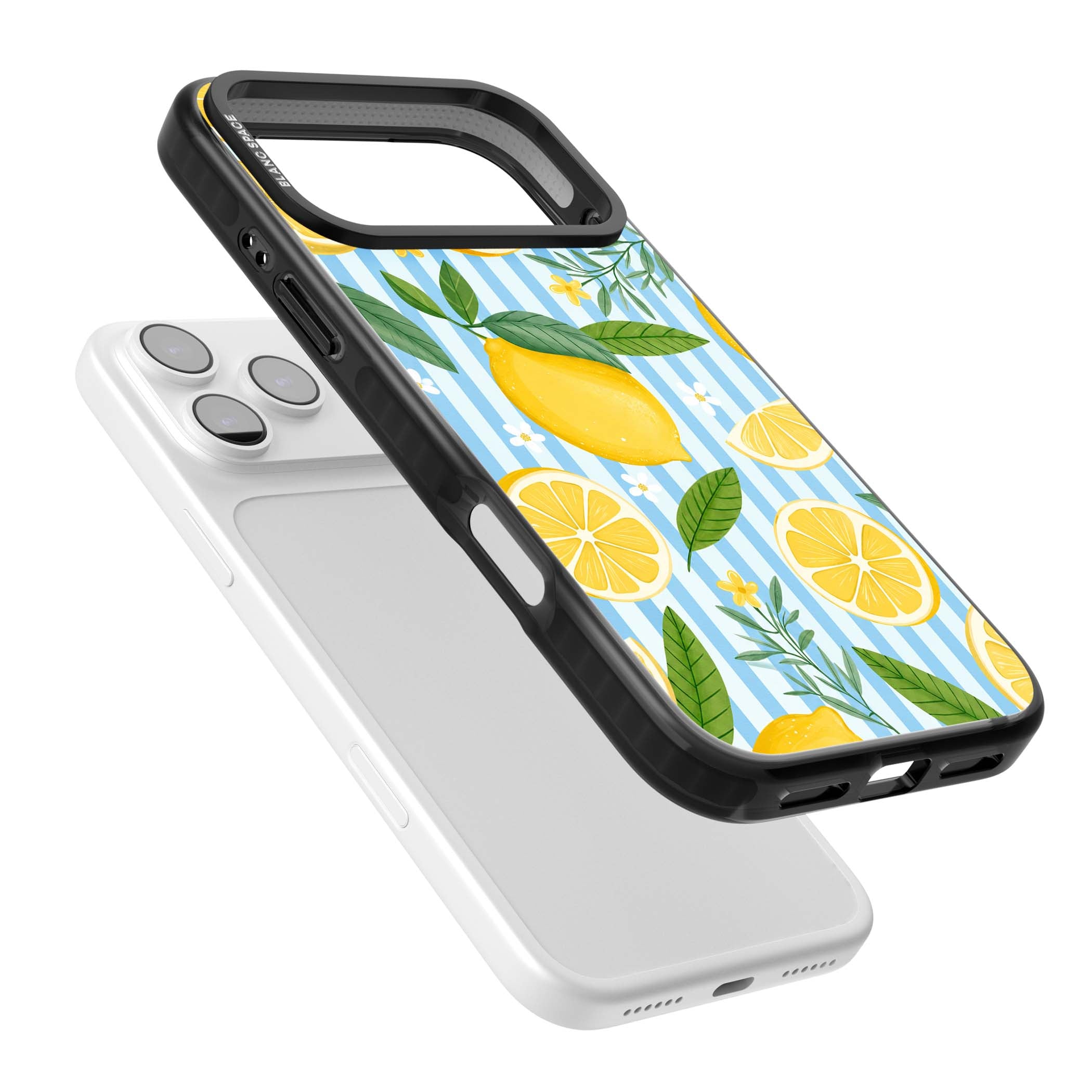 Capri Citrus Stripe coastal iPhone case featuring yellow lemons, blue stripes, and white daisy blossoms | Black Impact Magsafe case for iPhone 17 Pro, iPhone 17 Pro Max