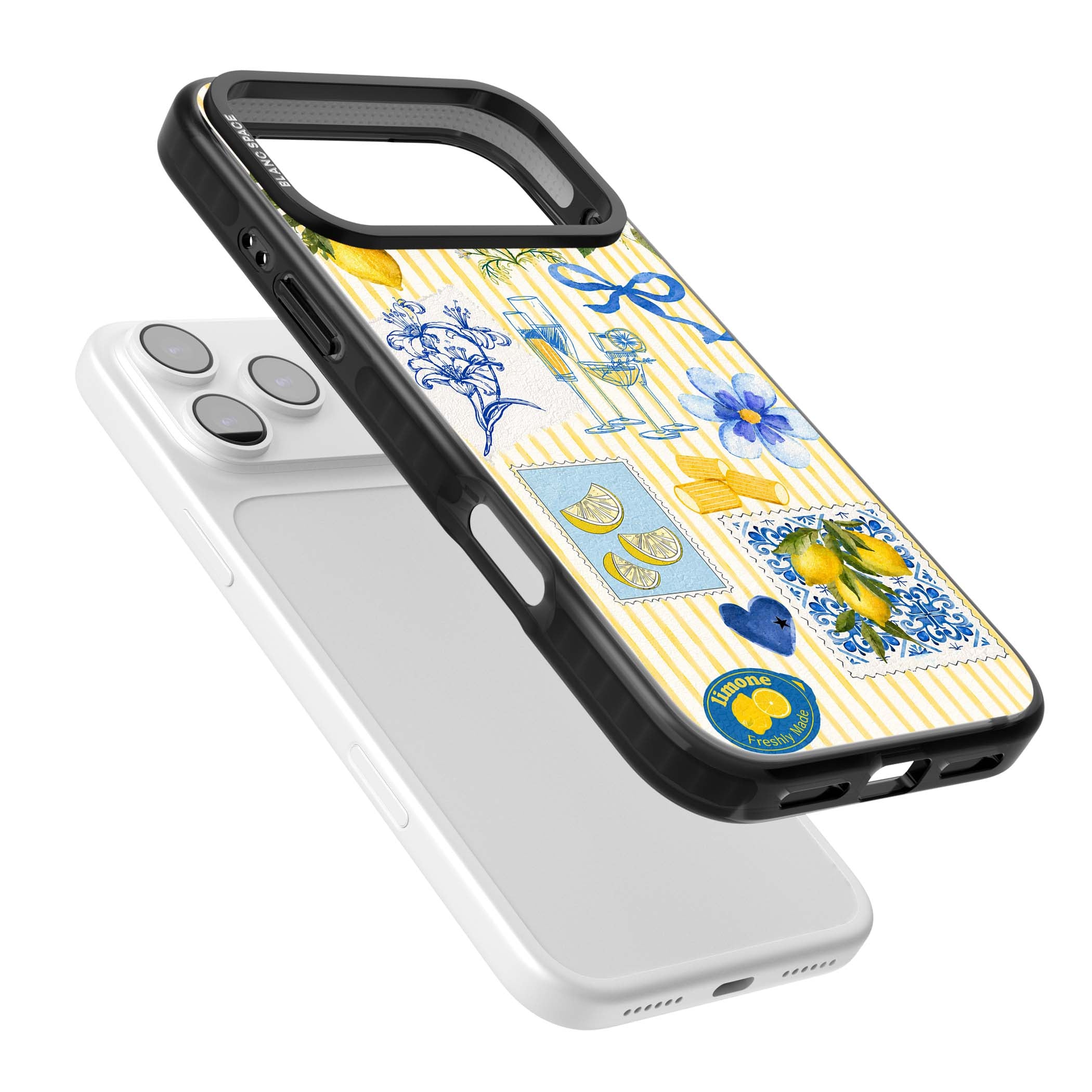 Limone Riviera Italian summer iPhone case featuring watercolour lemons, blue ribbon bows and majolica tile stamps on... | Black Impact Magsafe case for iPhone 17 Pro, iPhone 17 Pro Max