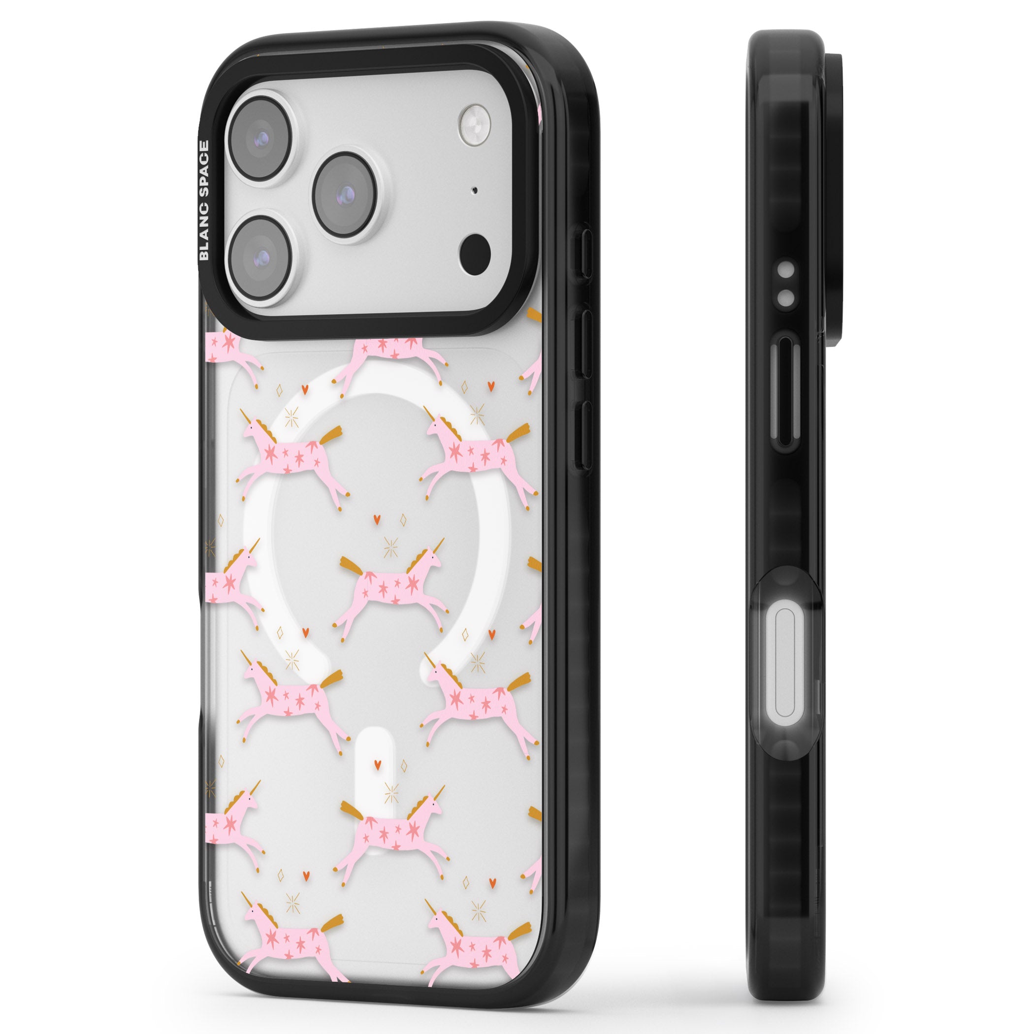 Pink Unicorn iPhone 17 Pro Impact Pro Black Phone Case Side Profile
