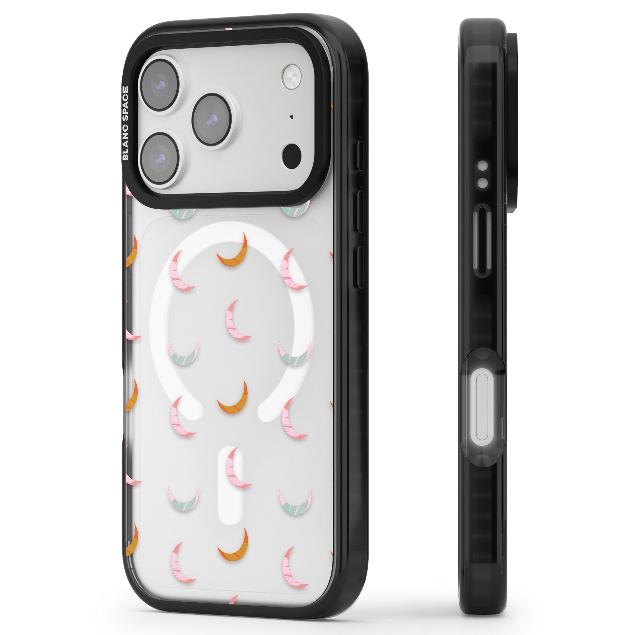 Colourful Crescent Moons iPhone 17 Pro Impact Pro Black Phone Case Side Profile