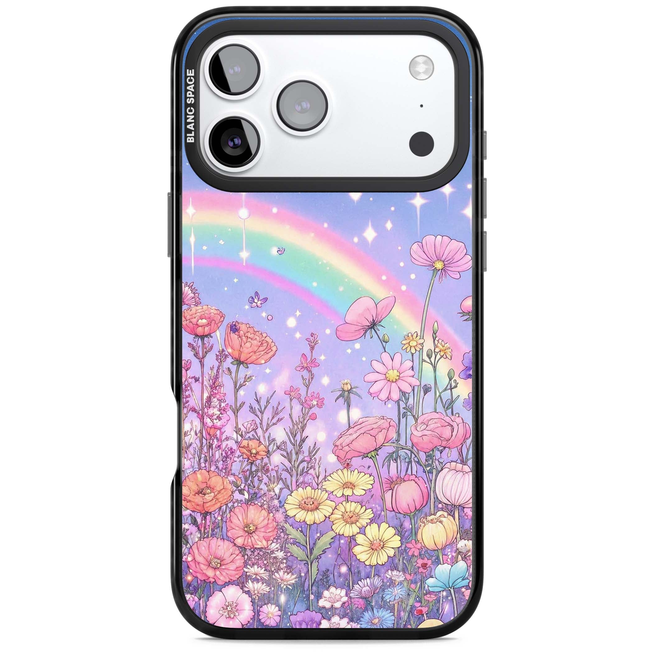 Magical Meadow fairycore iPhone case featuring a pastel rainbow, sparkling stars and a wildflower meadow | Black Impact Magsafe case for iPhone 17 Pro, iPhone 17 Pro Max