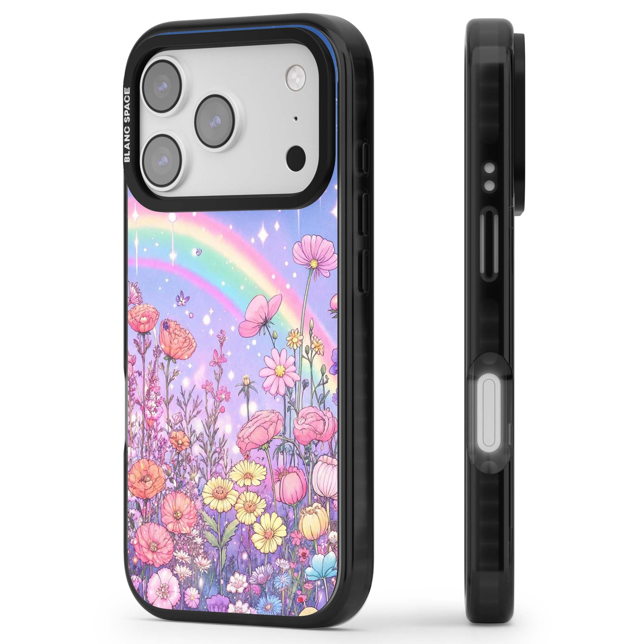 Magical Meadow fairycore iPhone case featuring a pastel rainbow, sparkling stars and a wildflower meadow | Black Impact Magsafe case for iPhone 17 Pro, iPhone 17 Pro Max