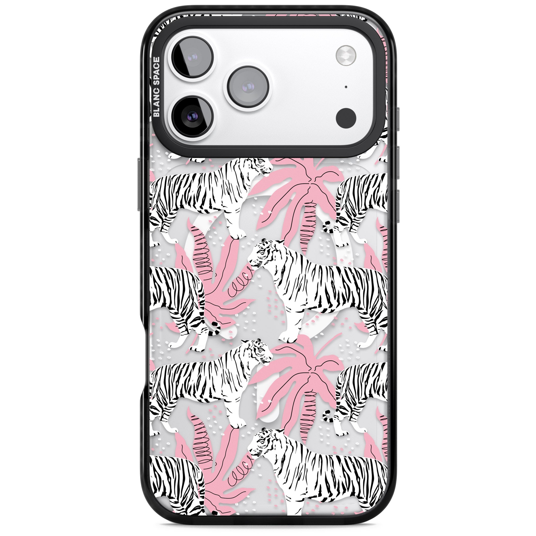 Pink & White Tropical Tigers iPhone 17 Pro Impact Pro Black Phone Case