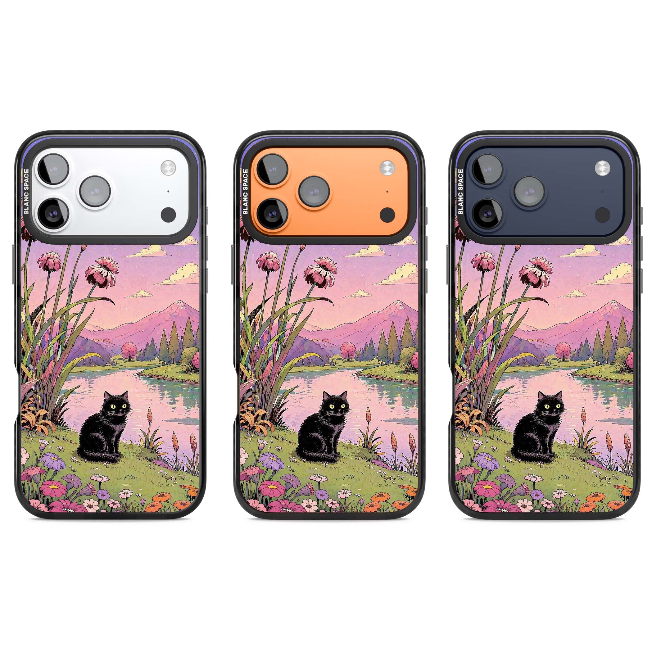 Mystic Whiskers ghibli iPhone case featuring a black cat by a pastel lake, wildflowers and a starry sunset sky | Black Impact Magsafe case for iPhone 17 Pro, iPhone 17 Pro Max