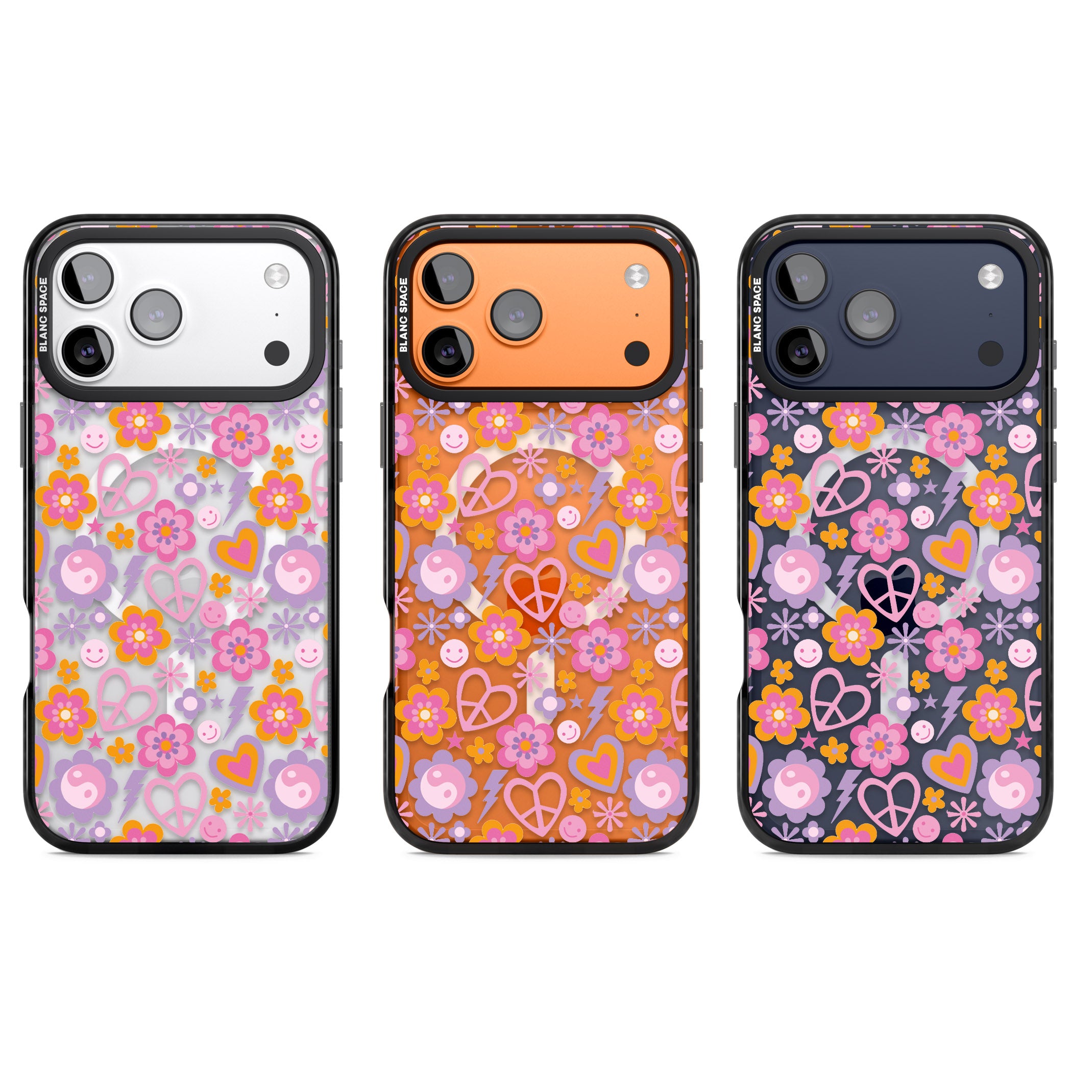 Peace, Love And Flowers Pattern iPhone 17 Pro Impact Pro Black Phone Case APT Impact Protection