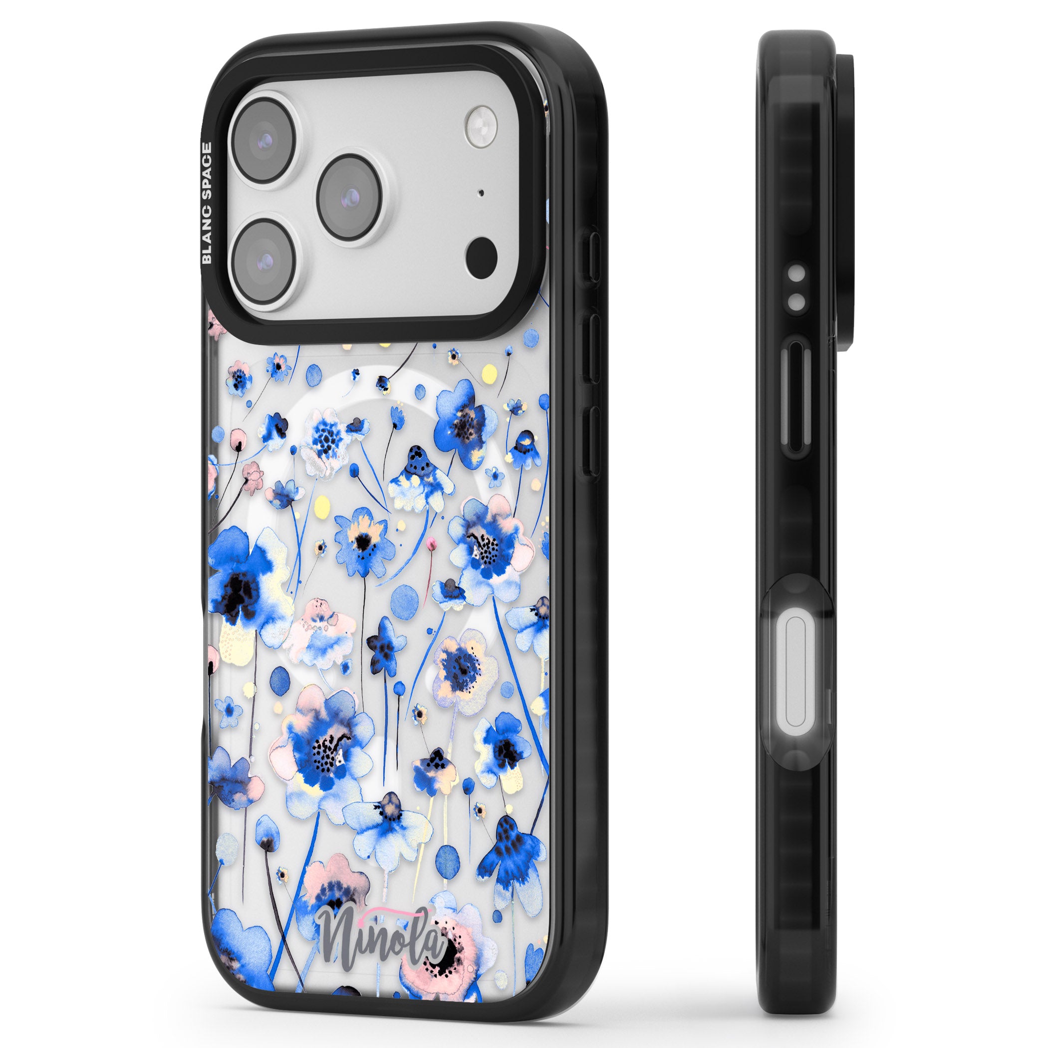 Ink Flowers Blue iPhone 17 Pro Impact Pro Black Phone Case Side Profile