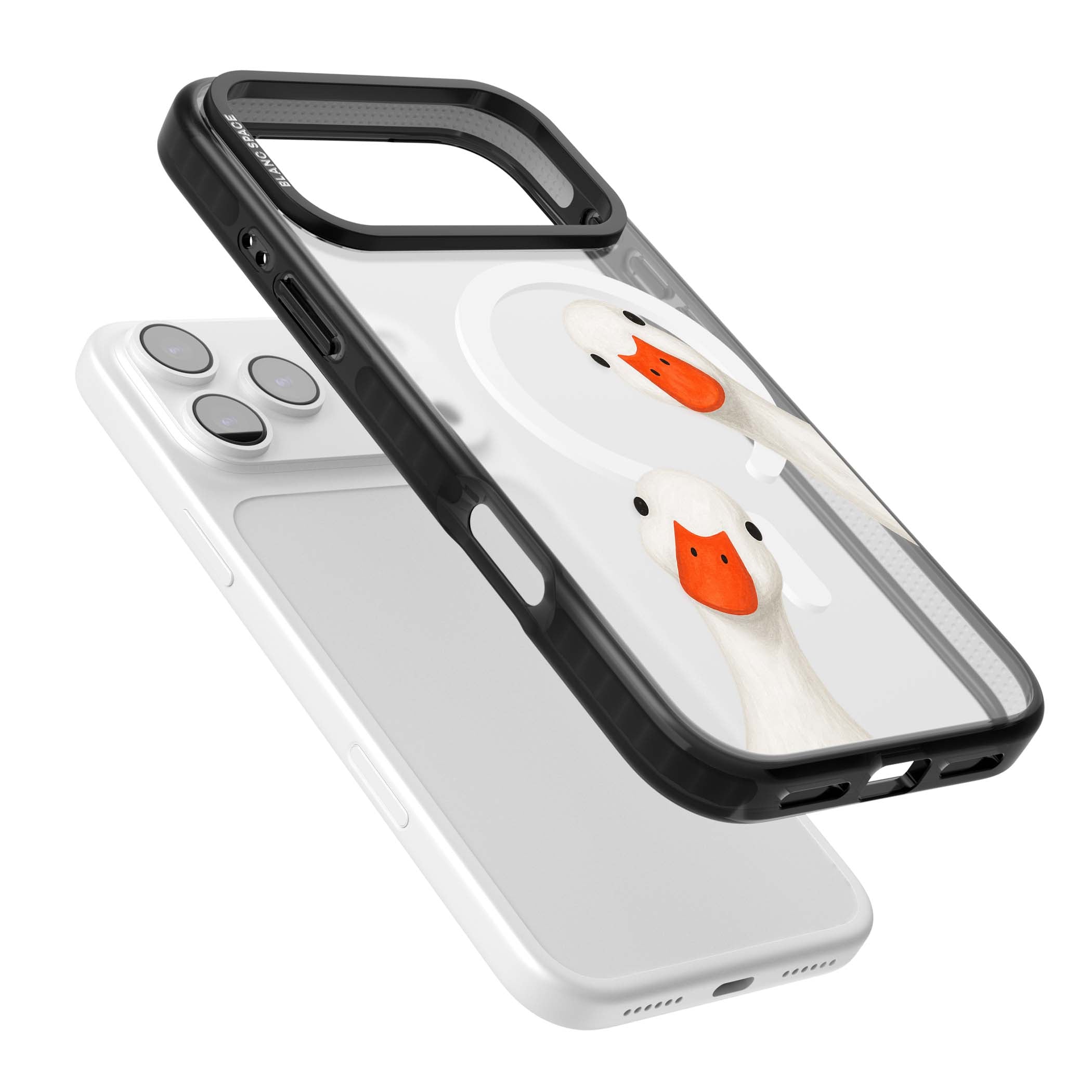 Nosy Ducks cottagecore iPhone case featuring two peeking white ducks with orange beaks on a clear background | Black Impact Magsafe case for iPhone 17 Pro, iPhone 17 Pro Max