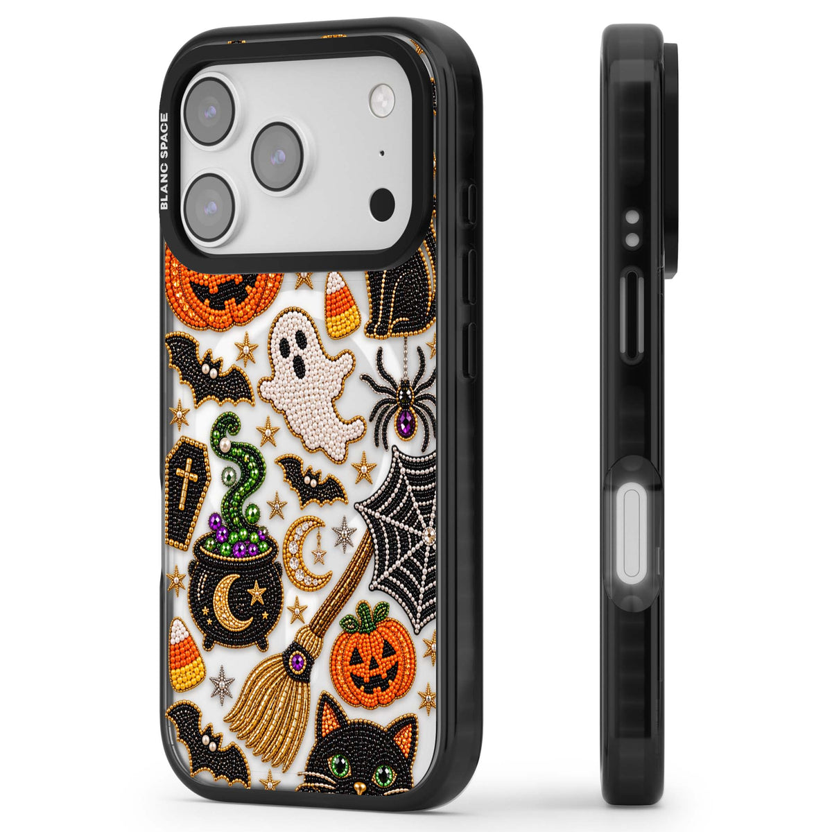 Beaded Halloween Halloween iPhone case featuring beaded pumpkins, ghosts, black cats and bats | Black Impact Magsafe case for iPhone 17 Pro, iPhone 17 Pro Max