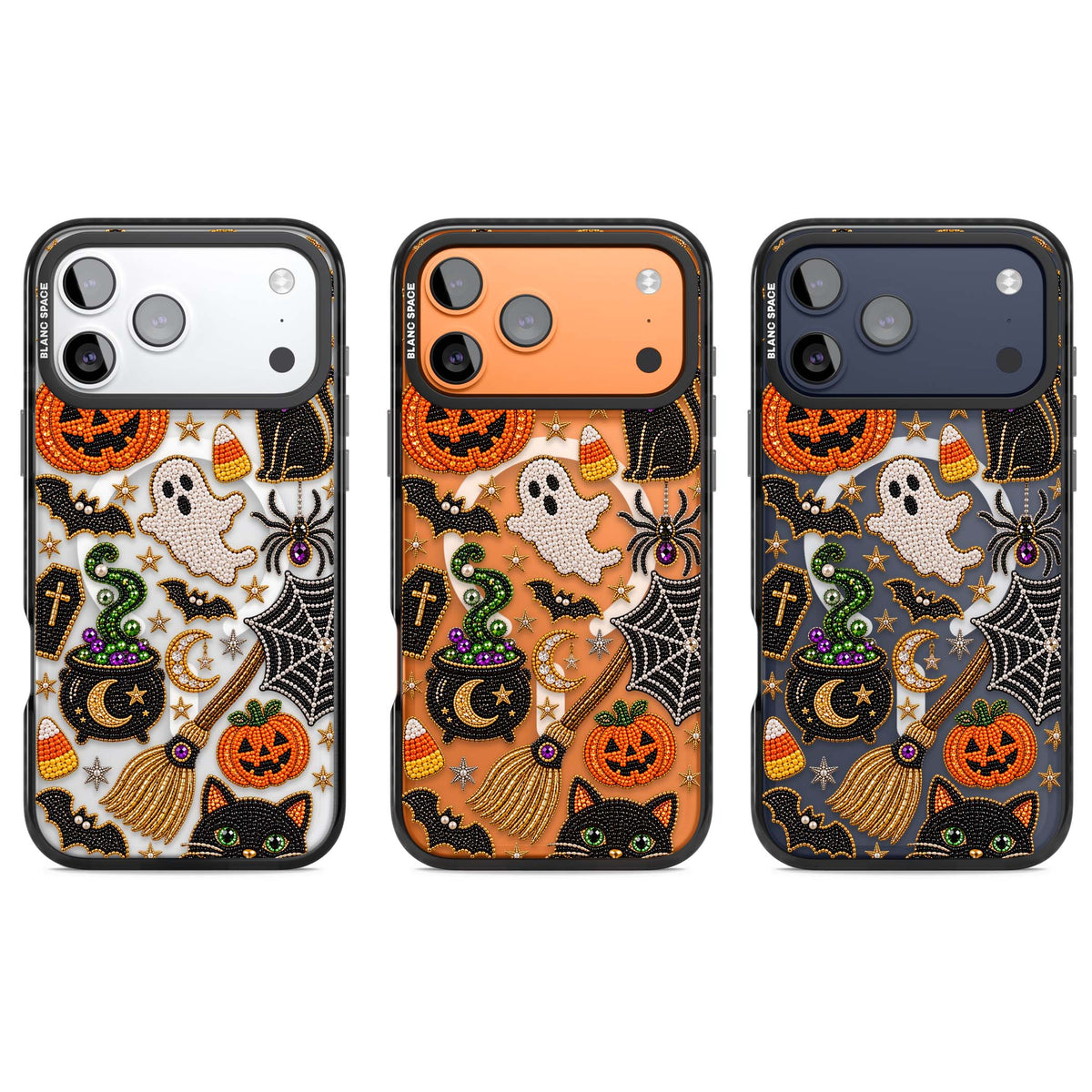 Beaded Halloween Halloween iPhone case featuring beaded pumpkins, ghosts, black cats and bats | Black Impact Magsafe case for iPhone 17 Pro, iPhone 17 Pro Max