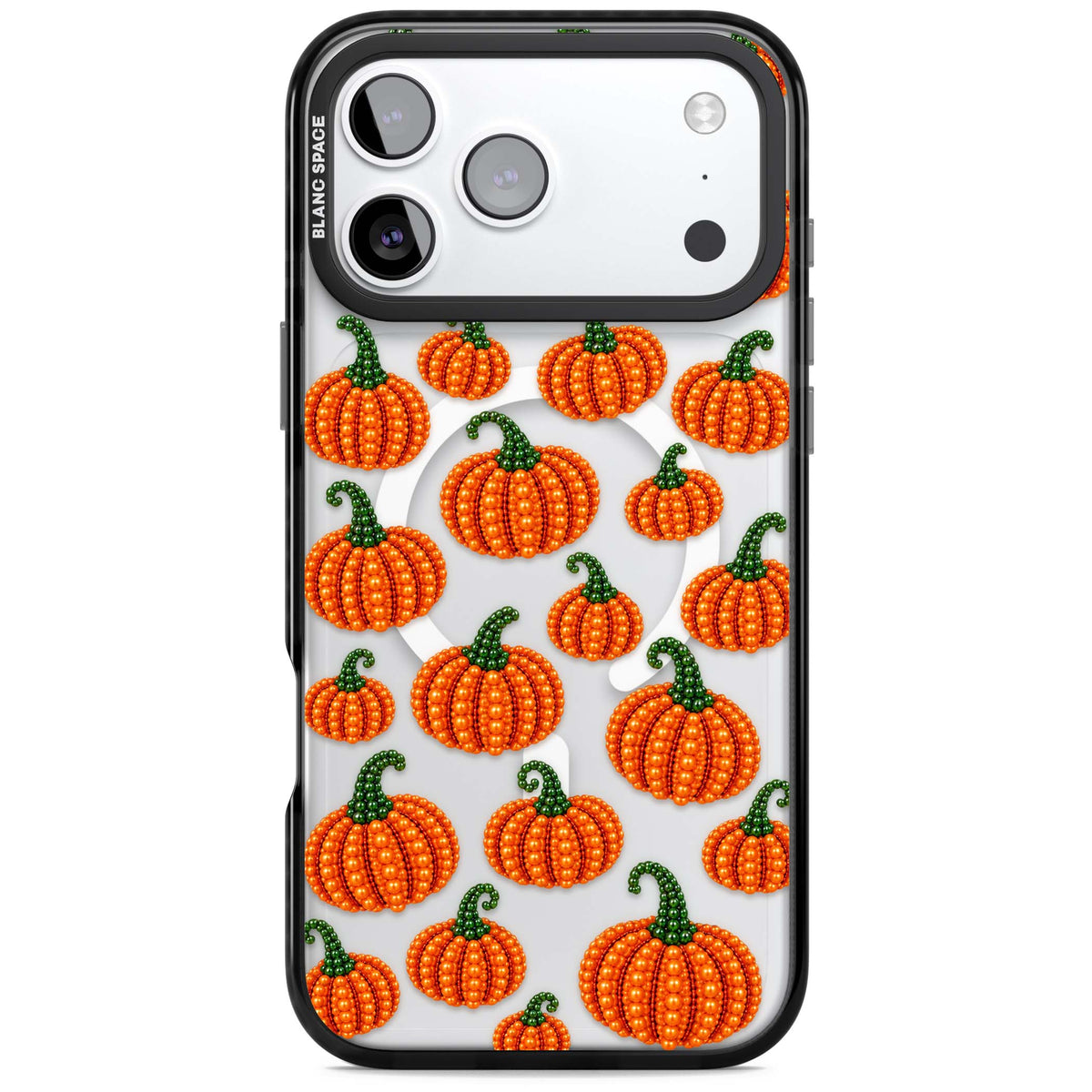 Beaded Pumpkins halloween iPhone case featuring beaded orange pumpkins with green stems on a clear background | Black Impact Magsafe case for iPhone 17 Pro, iPhone 17 Pro Max