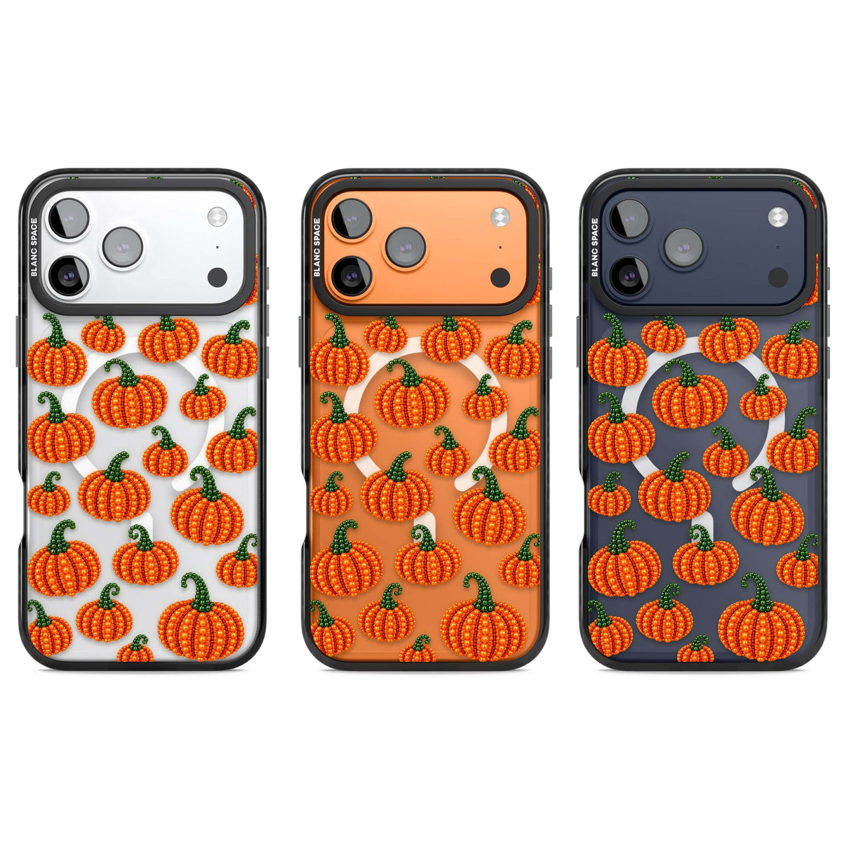 Beaded Pumpkins halloween iPhone case featuring beaded orange pumpkins with green stems on a clear background | Black Impact Magsafe case for iPhone 17 Pro, iPhone 17 Pro Max