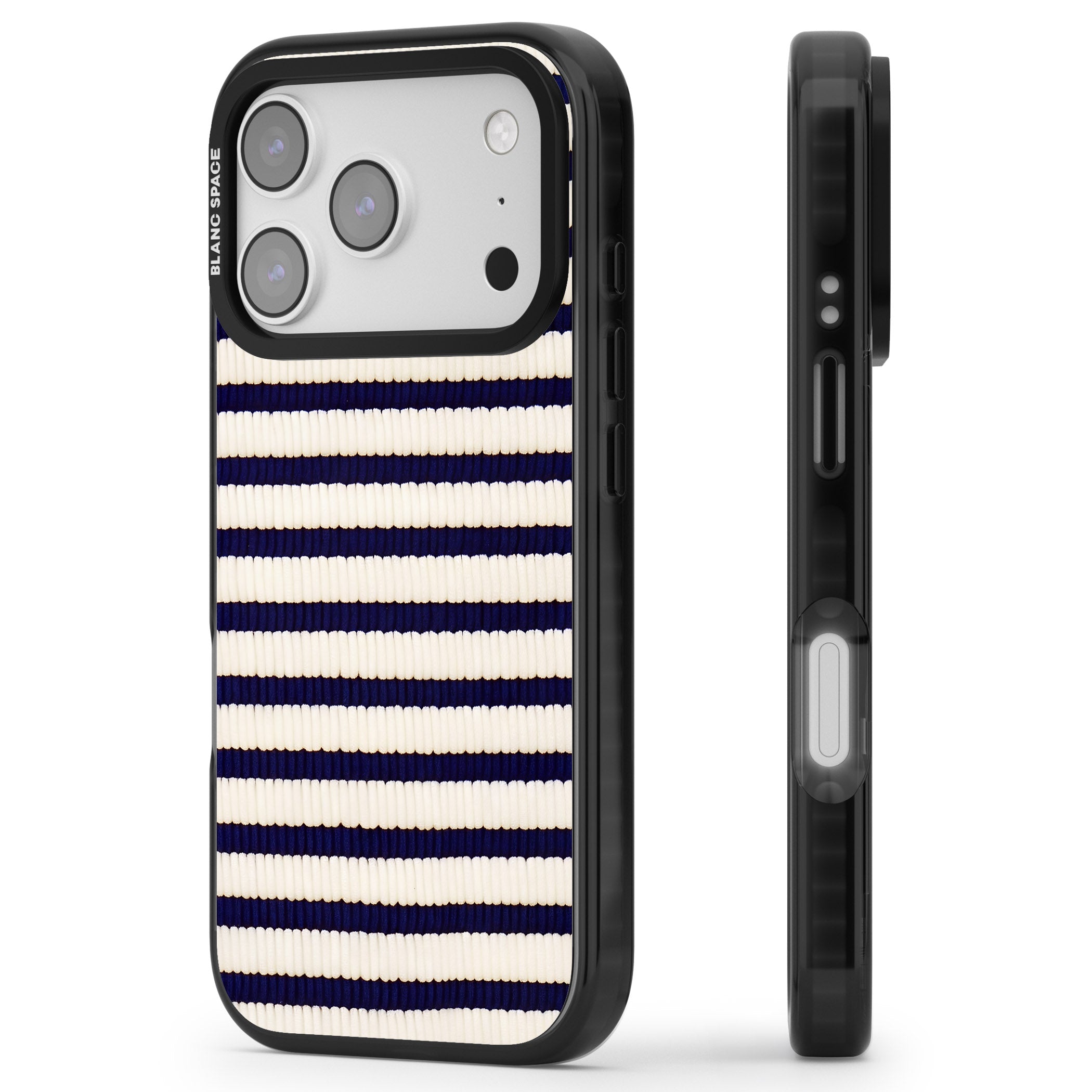 Navy & Cream Stripes iPhone 17 Pro Impact Pro Black Phone Case Side Profile