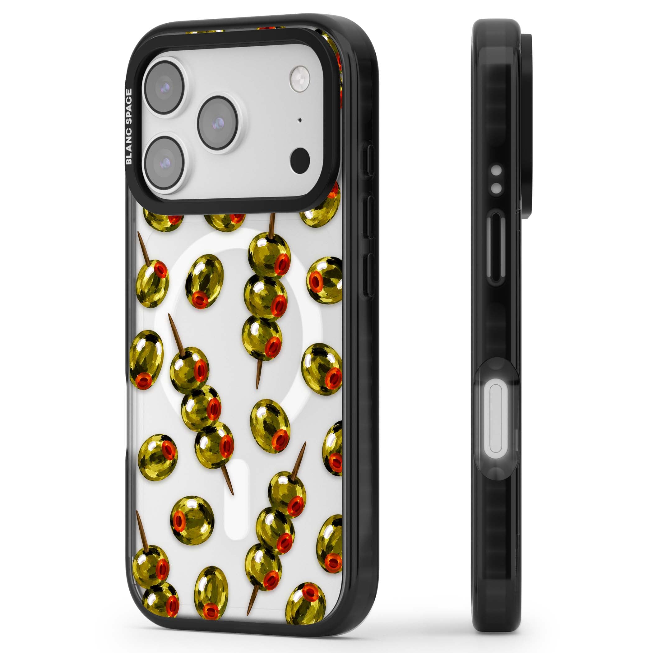 Painted Olives cocktail iPhone case featuring green olives, pimento centres and toothpick skewers on a clear background | Black Impact Magsafe case for iPhone 17 Pro, iPhone 17 Pro Max