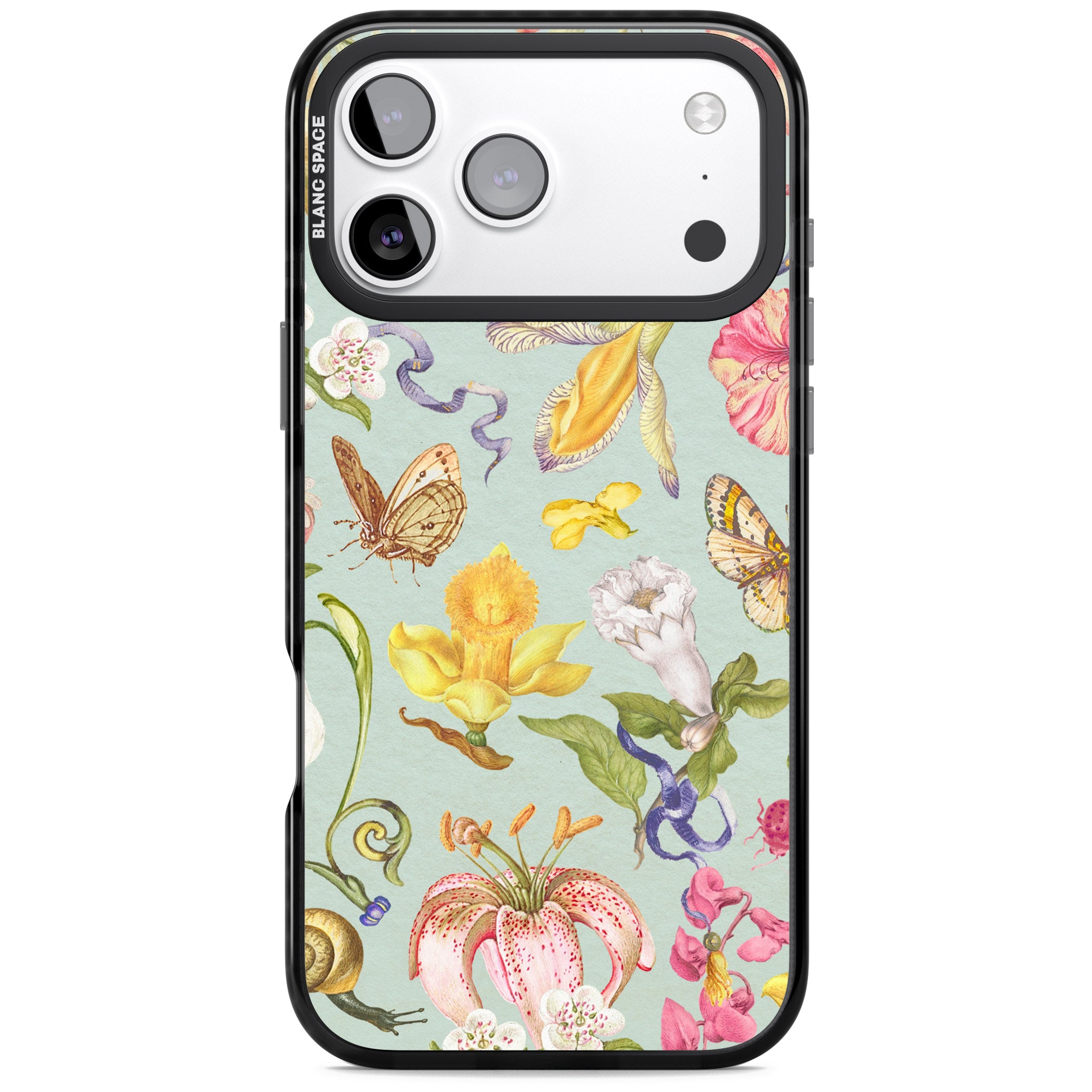 Blue Vintage Painted Flowers iPhone 17 Pro Impact Pro Black Phone Case