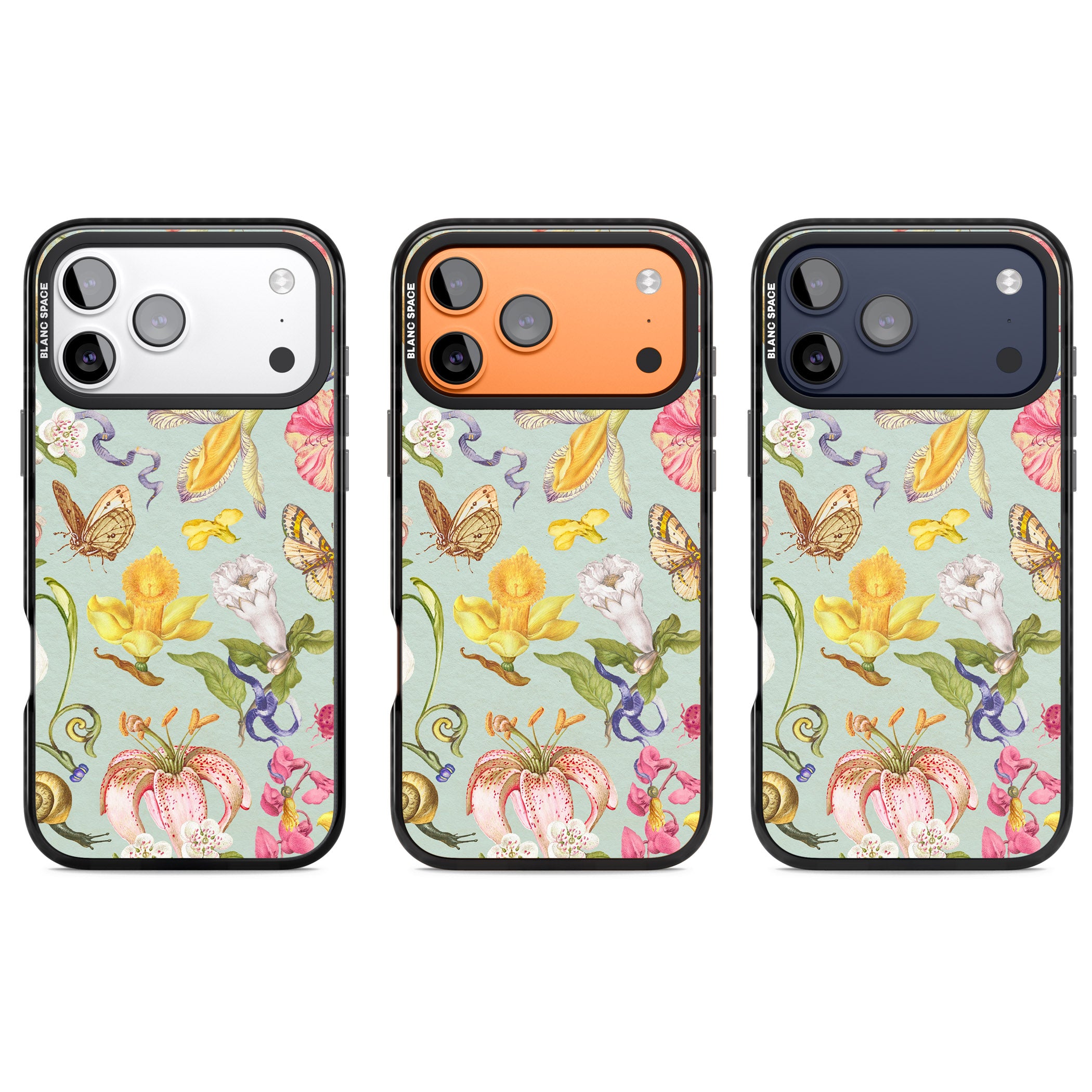 Blue Vintage Painted Flowers iPhone 17 Pro Impact Pro Black Phone Case APT Impact Protection