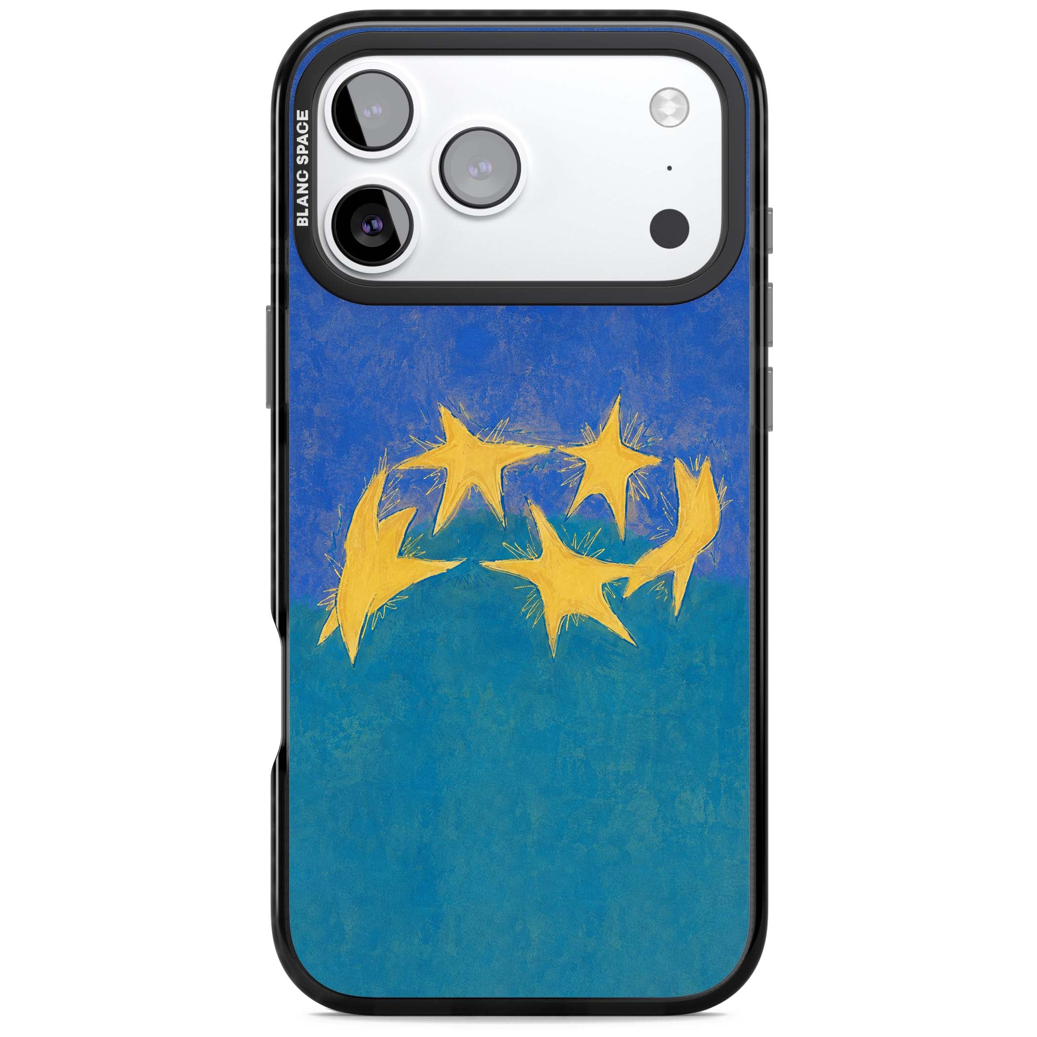 Star Boogie stars aesthetic iPhone case featuring five yellow hand-painted stars on cobalt blue and teal | Black Impact Magsafe case for iPhone 17 Pro, iPhone 17 Pro Max