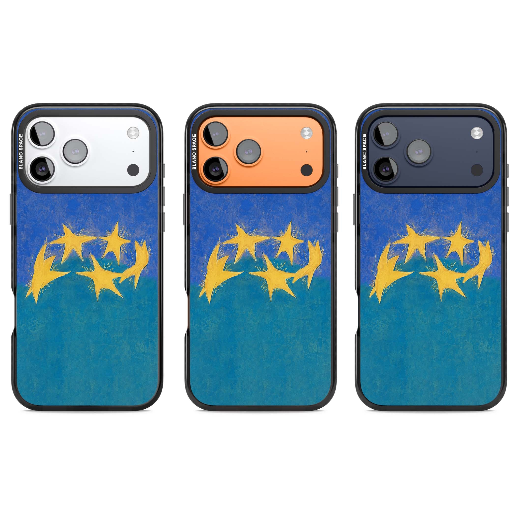 Star Boogie stars aesthetic iPhone case featuring five yellow hand-painted stars on cobalt blue and teal | Black Impact Magsafe case for iPhone 17 Pro, iPhone 17 Pro Max
