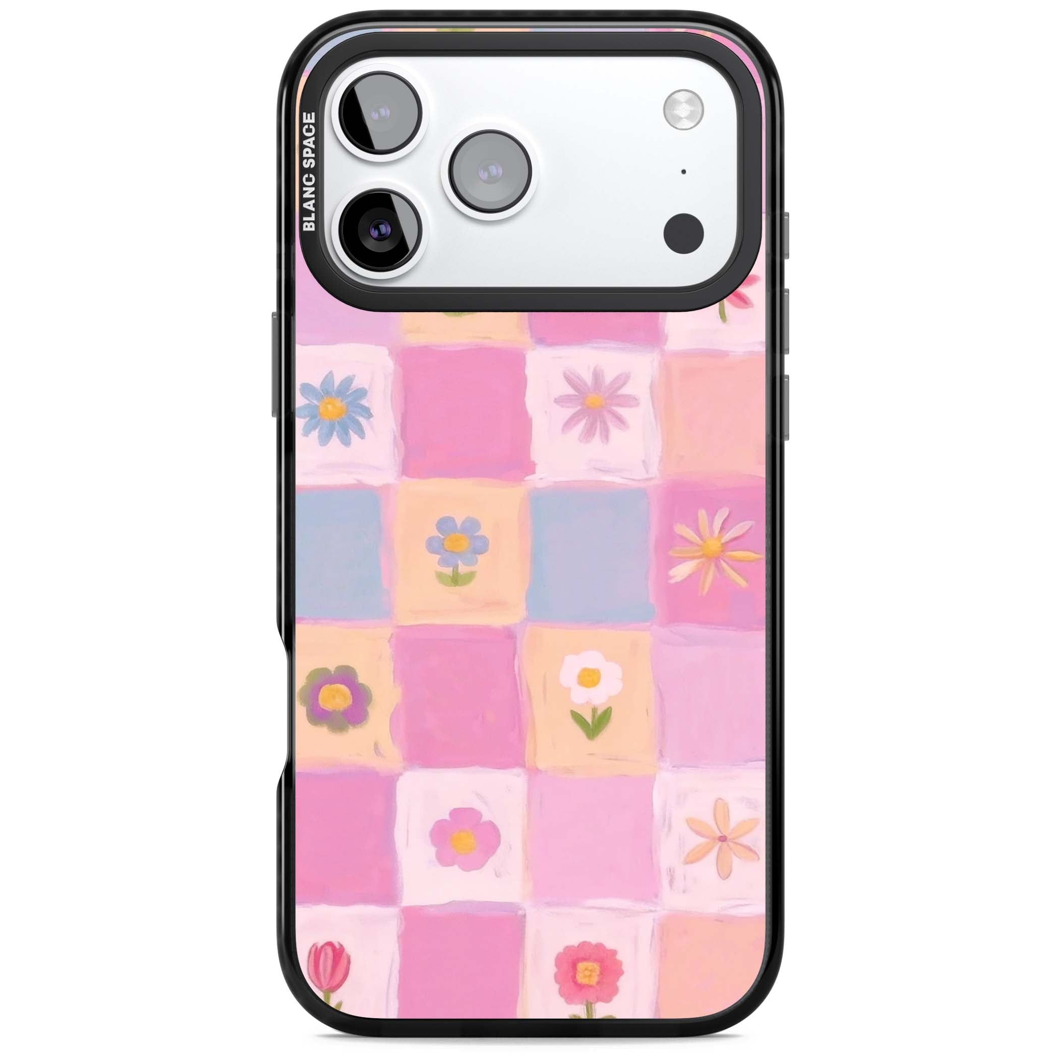 Pastel Flower Patchwork cottagecore iPhone case featuring painted pink and lilac squares with daisies and wildflowers | Black Impact Magsafe case for iPhone 17 Pro, iPhone 17 Pro Max