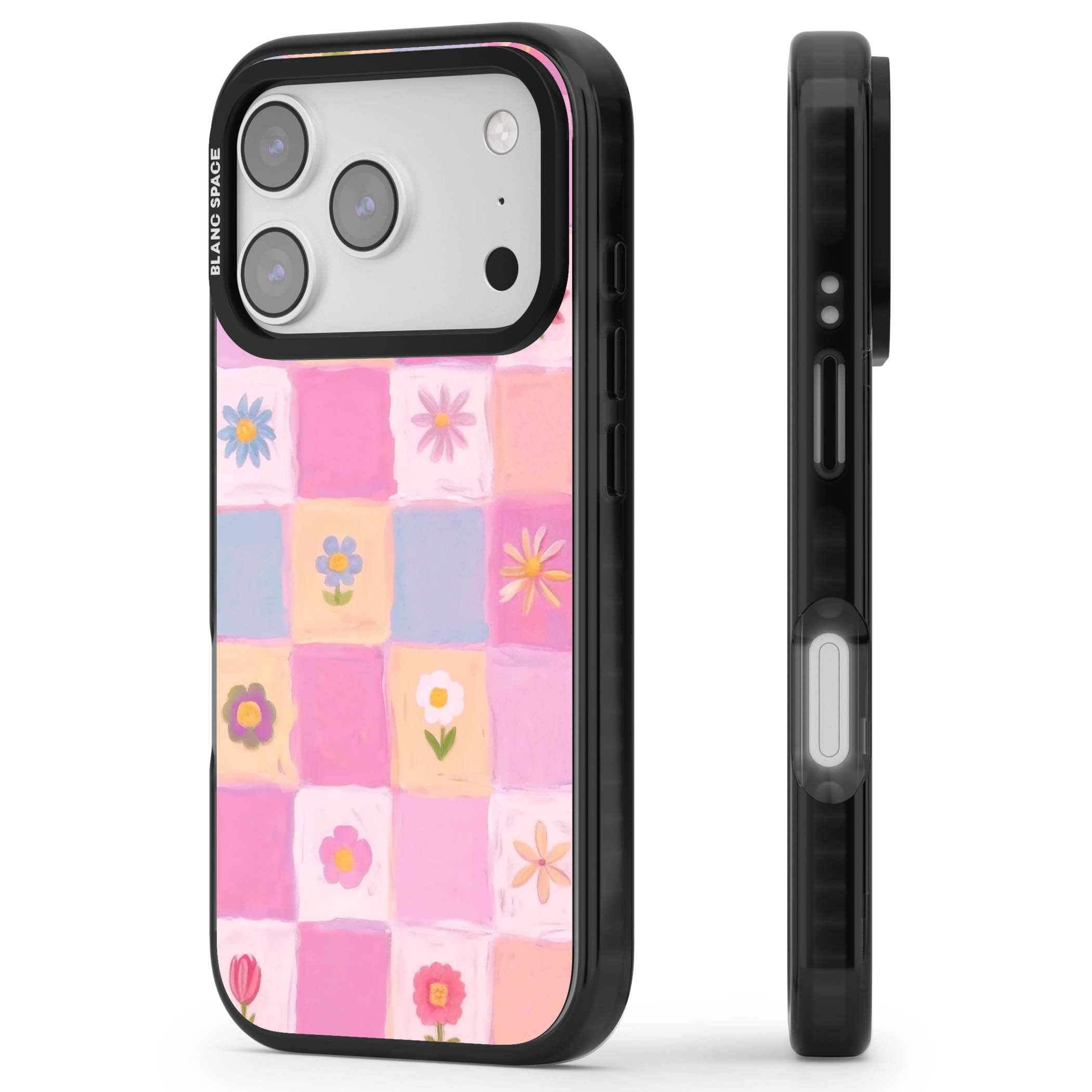 Pastel Flower Patchwork cottagecore iPhone case featuring painted pink and lilac squares with daisies and wildflowers | Black Impact Magsafe case for iPhone 17 Pro, iPhone 17 Pro Max