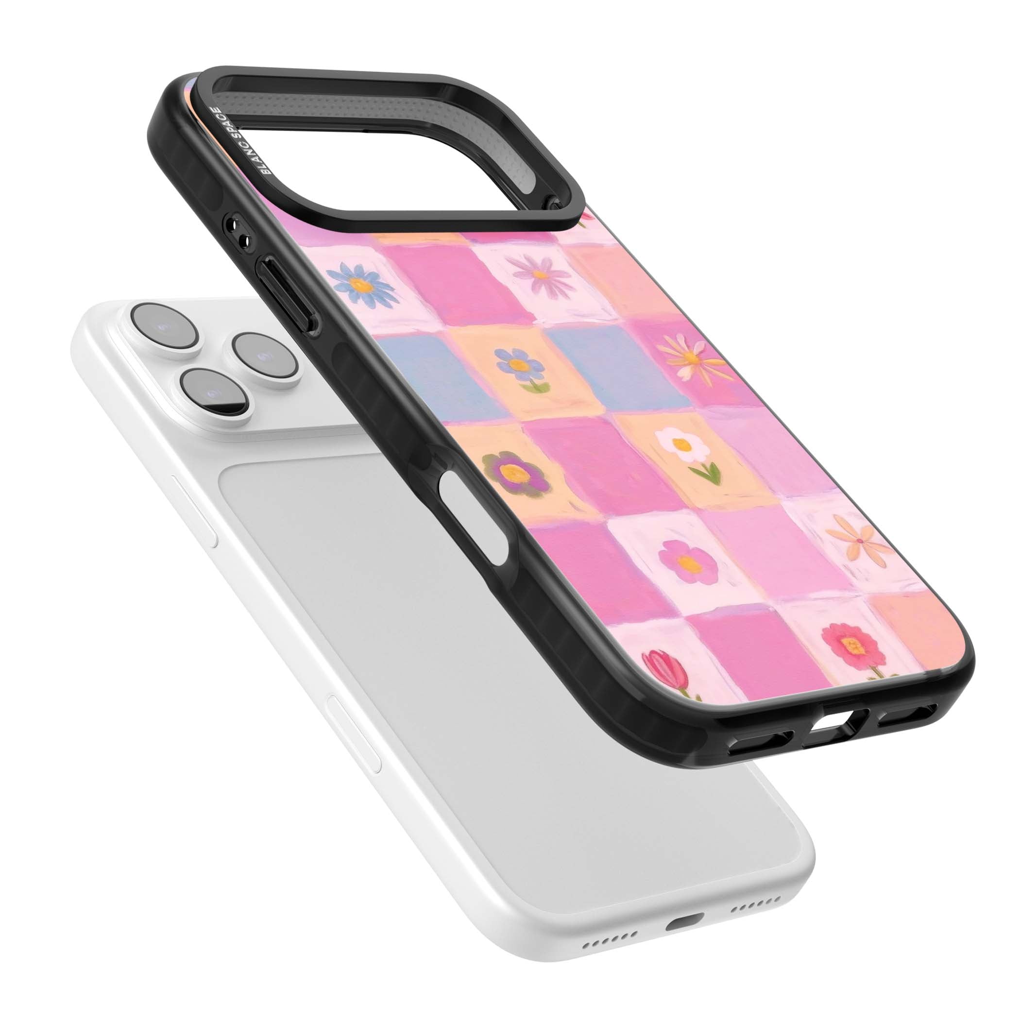 Pastel Flower Patchwork cottagecore iPhone case featuring painted pink and lilac squares with daisies and wildflowers | Black Impact Magsafe case for iPhone 17 Pro, iPhone 17 Pro Max