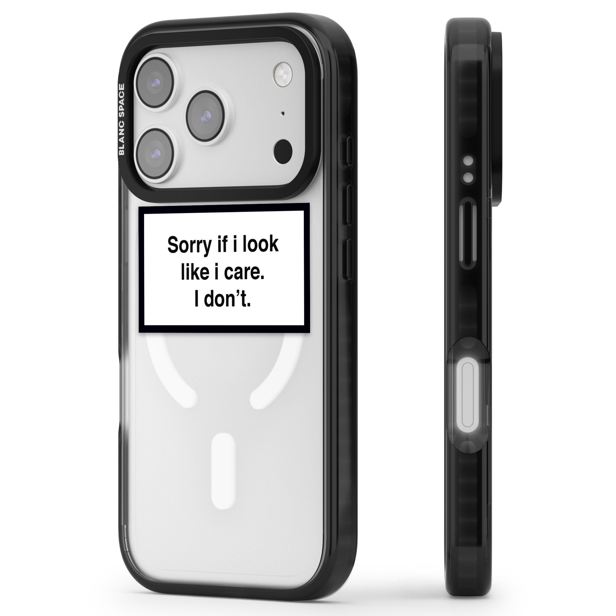 Sorry If I Look Like I Care iPhone 17 Pro Impact Pro Black Phone Case Side Profile