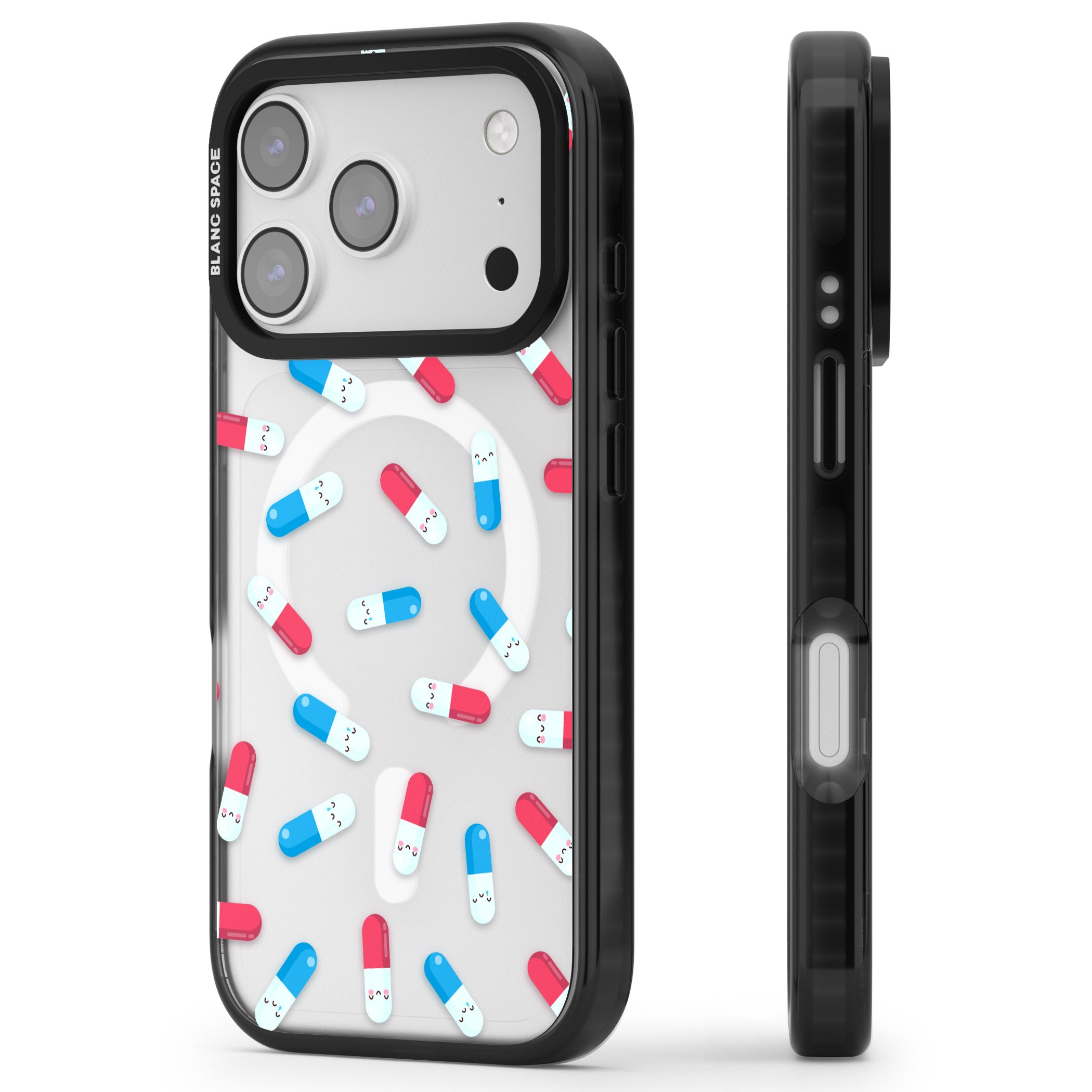 Kawaii Pill Pattern iPhone 17 Pro Impact Pro Black Phone Case Side Profile