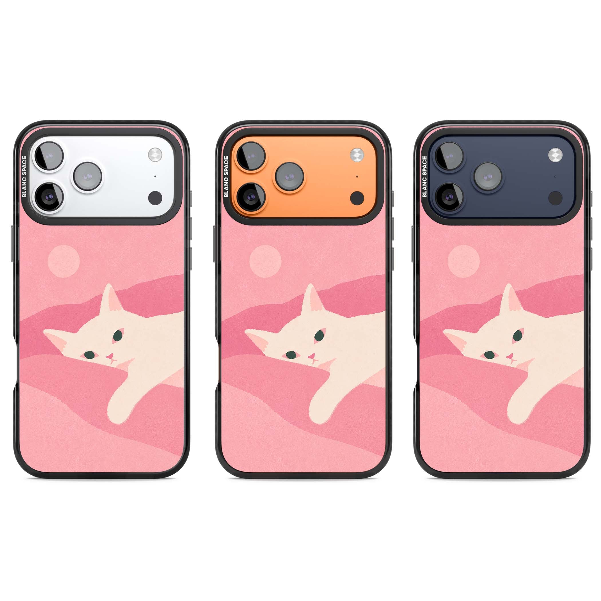 Pink Dreams cute cat iPhone case featuring a white kitten, soft pink hills and a pale pastel sun | Black Impact Magsafe case for iPhone 17 Pro, iPhone 17 Pro Max
