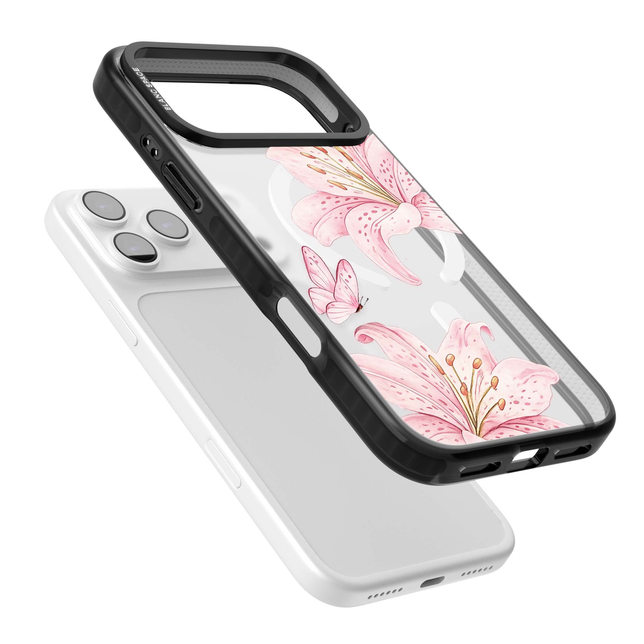 Lily Whisper floral iPhone case featuring pink watercolour lilies and delicate butterflies on a clear background | Black Impact Magsafe case for iPhone 17 Pro, iPhone 17 Pro Max