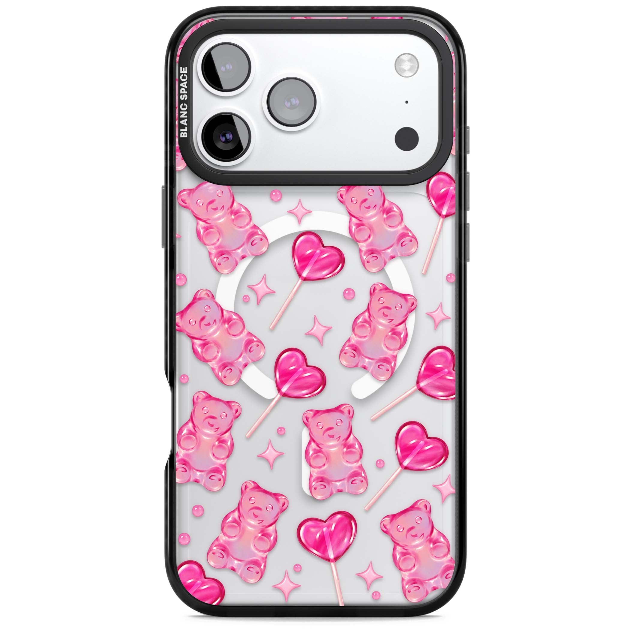 Pink Sugar pinkcore iPhone case featuring pink gummy bears, heart-shaped lollipops and sparkle stars | Black Impact Magsafe case for iPhone 17 Pro, iPhone 17 Pro Max