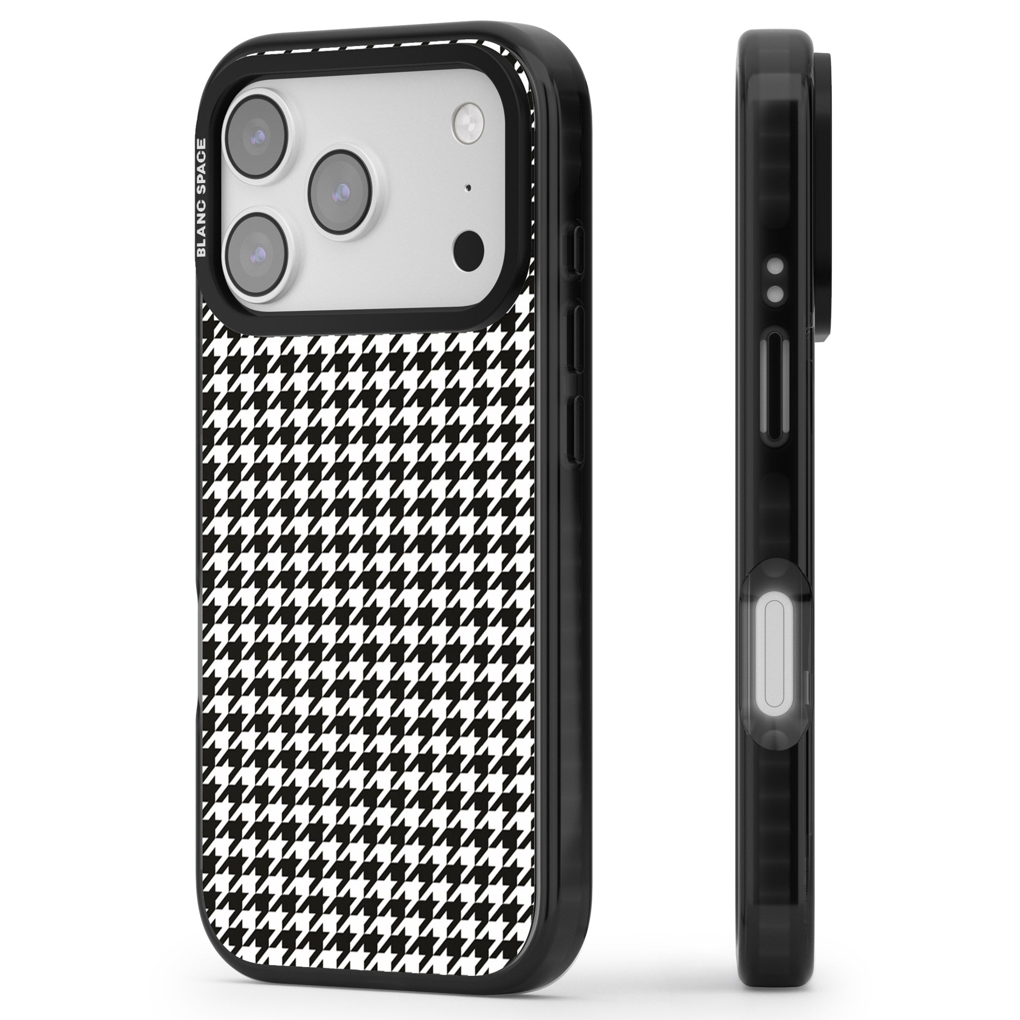 Chic Houndstooth Check iPhone 17 Pro Max Impact Pro Black Phone Case Side Profile