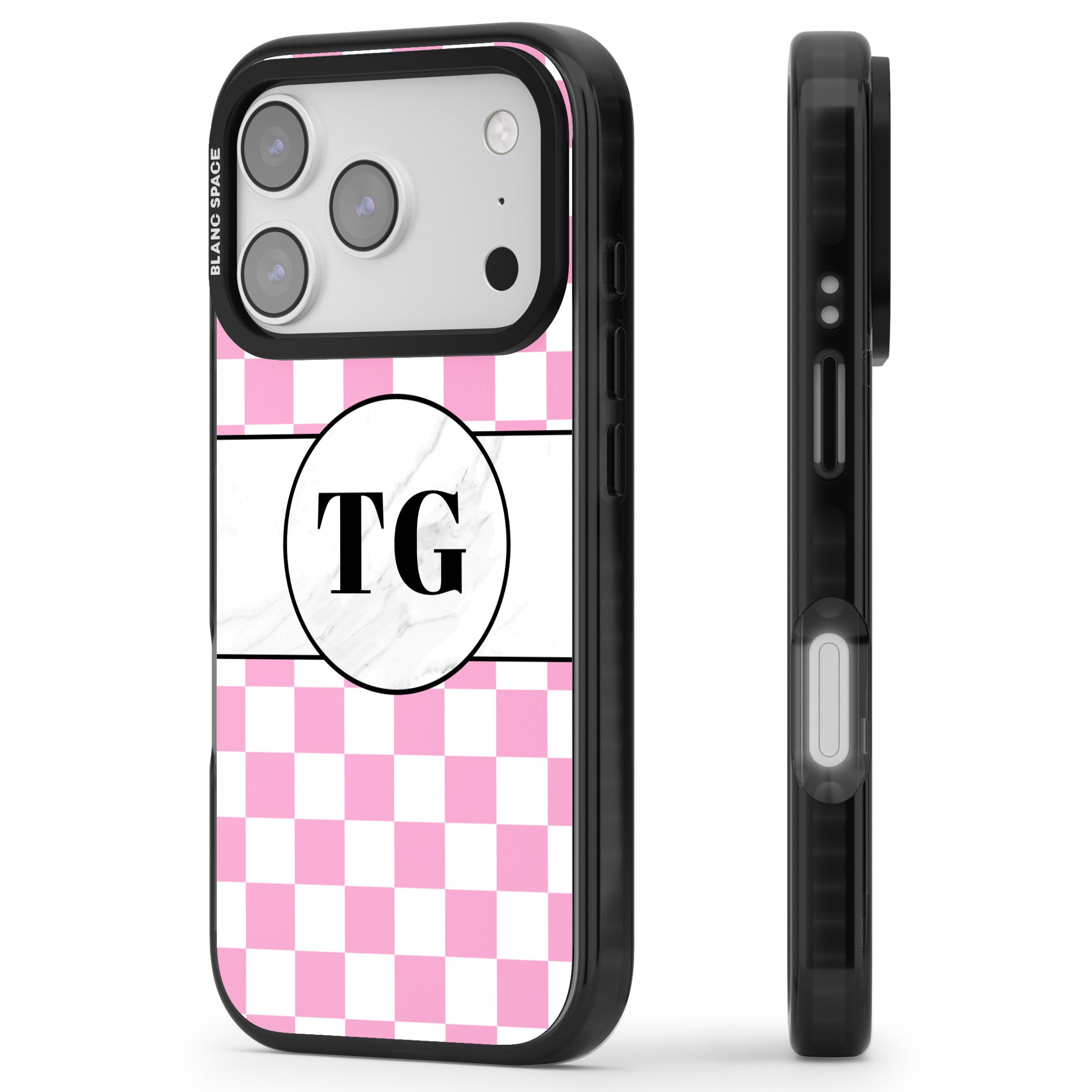 Personalised Monogrammed Pink Check iPhone 17 Pro Impact Pro Black Phone Case Side Profile