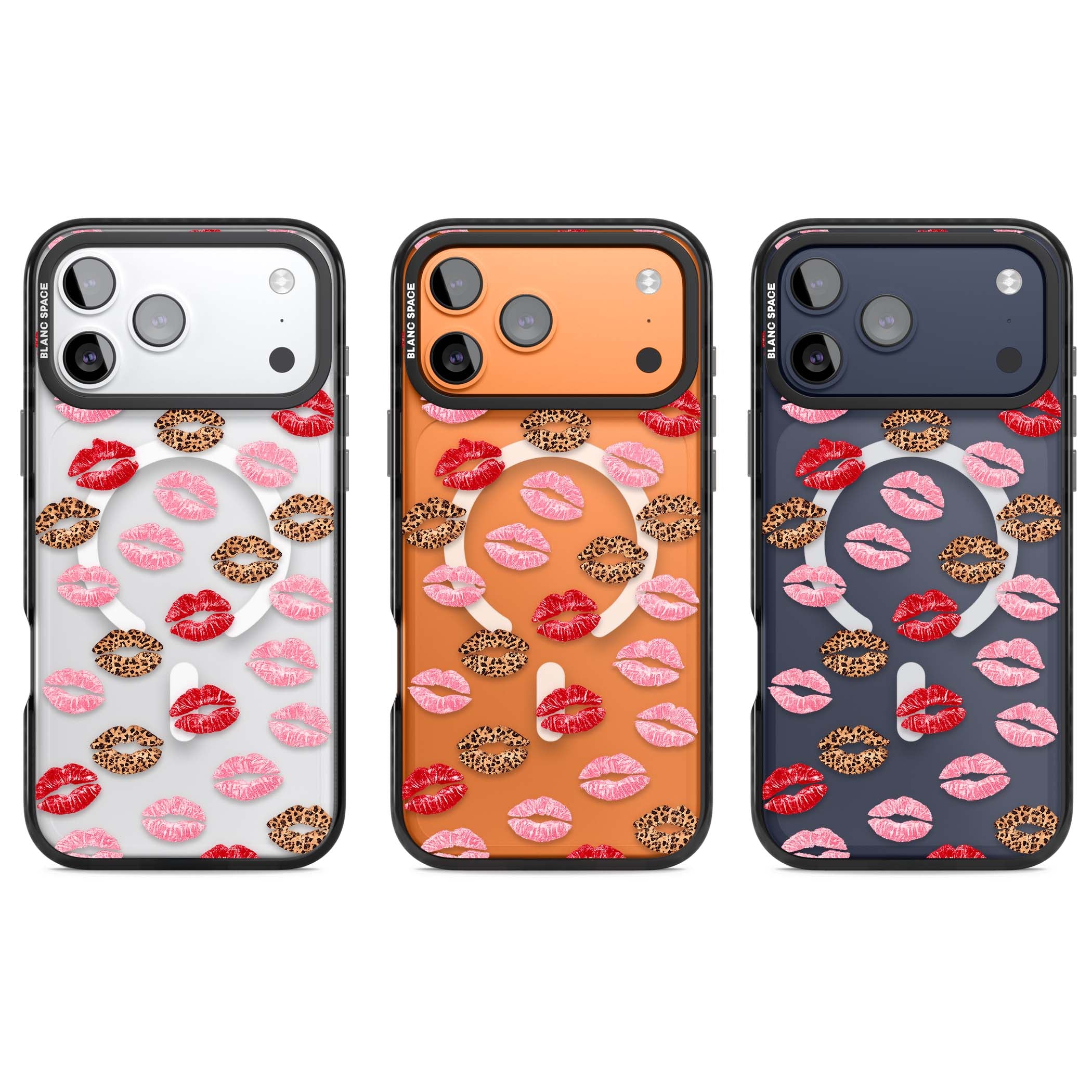 Wild Kisses coquette iPhone case featuring red, pink and leopard print lipstick kiss marks on a clear background | Black Impact Magsafe case for iPhone 17 Pro, iPhone 17 Pro Max