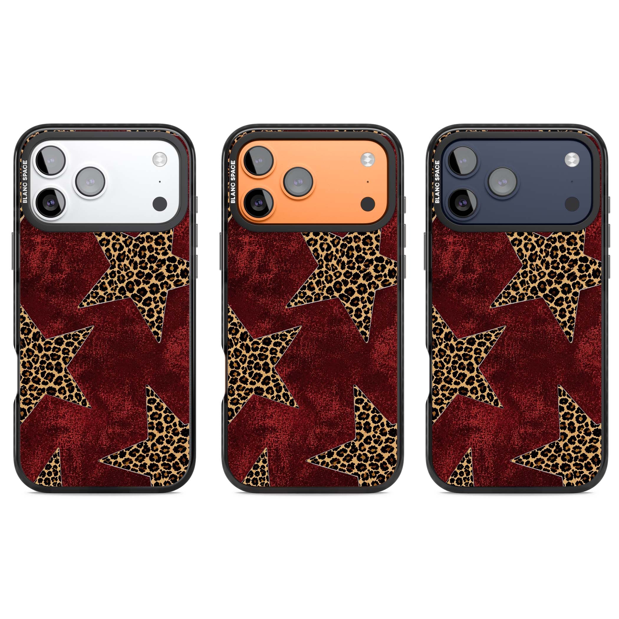 Showgirl leopard print iPhone case featuring cheetah print stars on distressed red grunge background | Black Impact Magsafe case for iPhone 17 Pro, iPhone 17 Pro Max