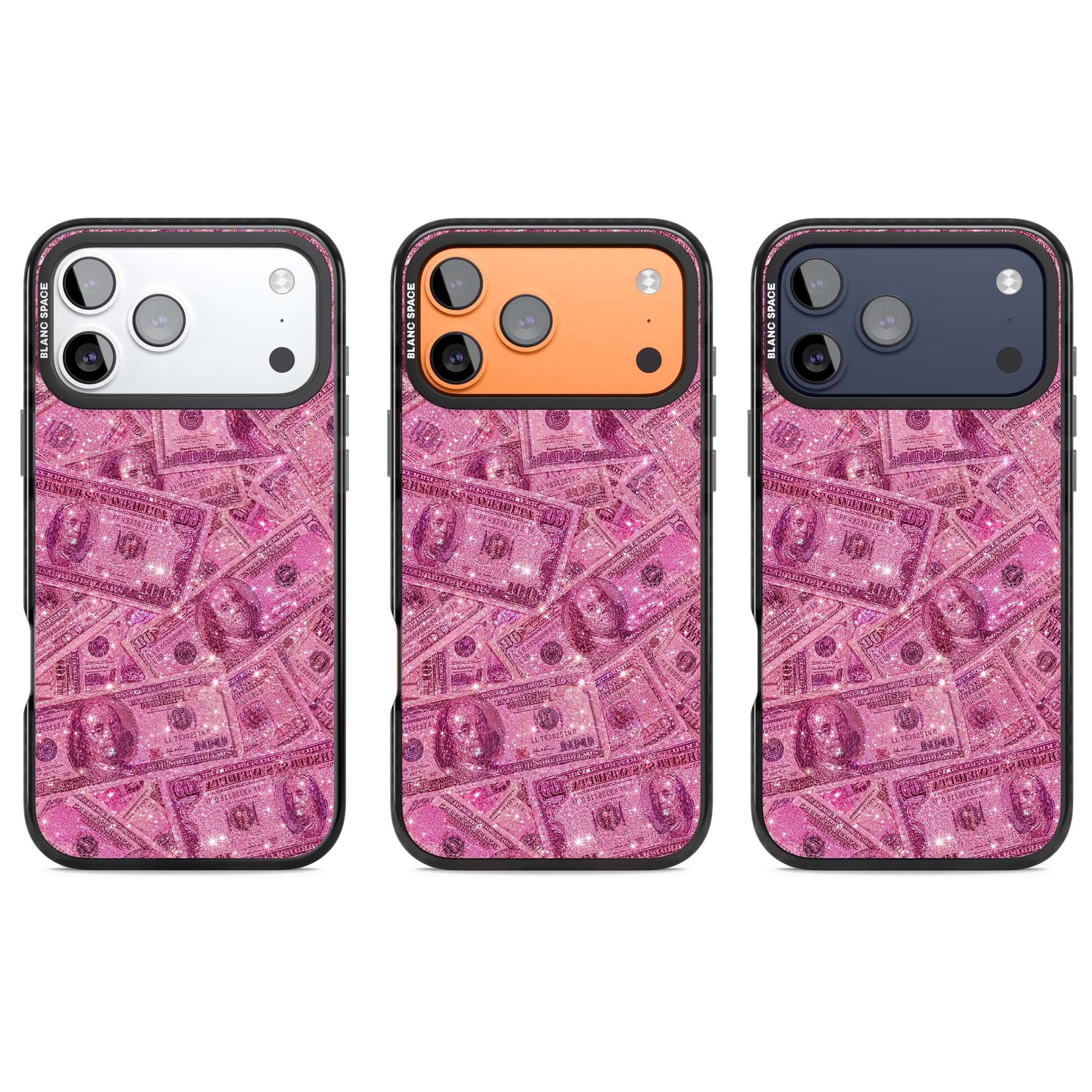 Glamorous baddie iPhone case featuring pink glitter hundred dollar bills and sparkling money wallpaper design | Black Impact Magsafe case for iPhone 17 Pro, iPhone 17 Pro Max