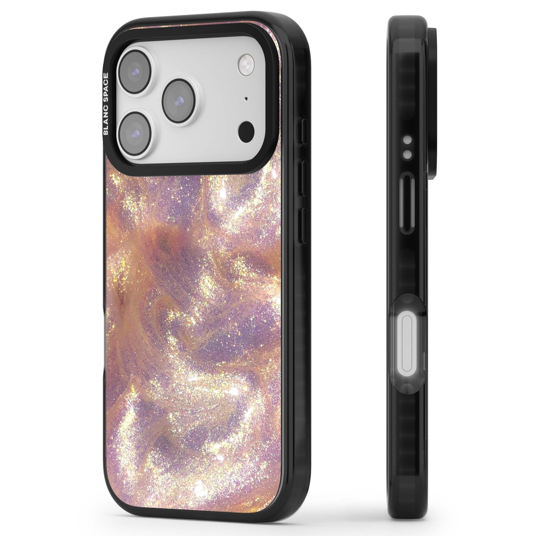 Shimmer marble iPhone case featuring rose gold glitter swirls, lilac shimmer and iridescent pearl finish | Black Impact Magsafe case for iPhone 17 Pro, iPhone 17 Pro Max