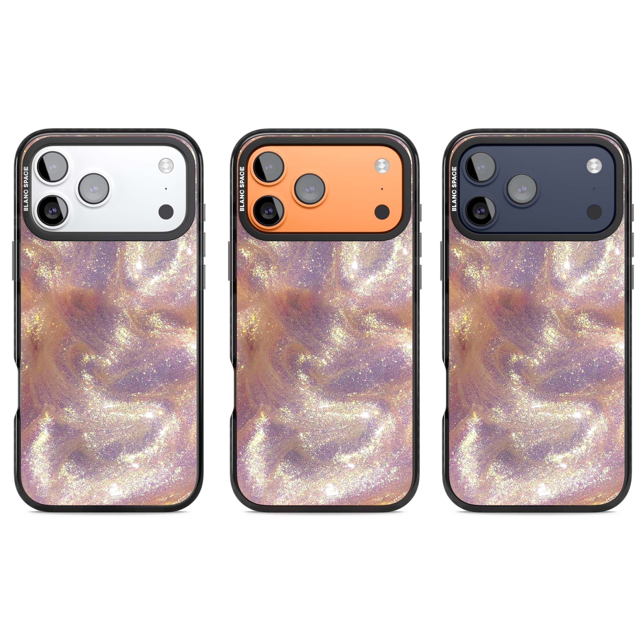 Shimmer marble iPhone case featuring rose gold glitter swirls, lilac shimmer and iridescent pearl finish | Black Impact Magsafe case for iPhone 17 Pro, iPhone 17 Pro Max