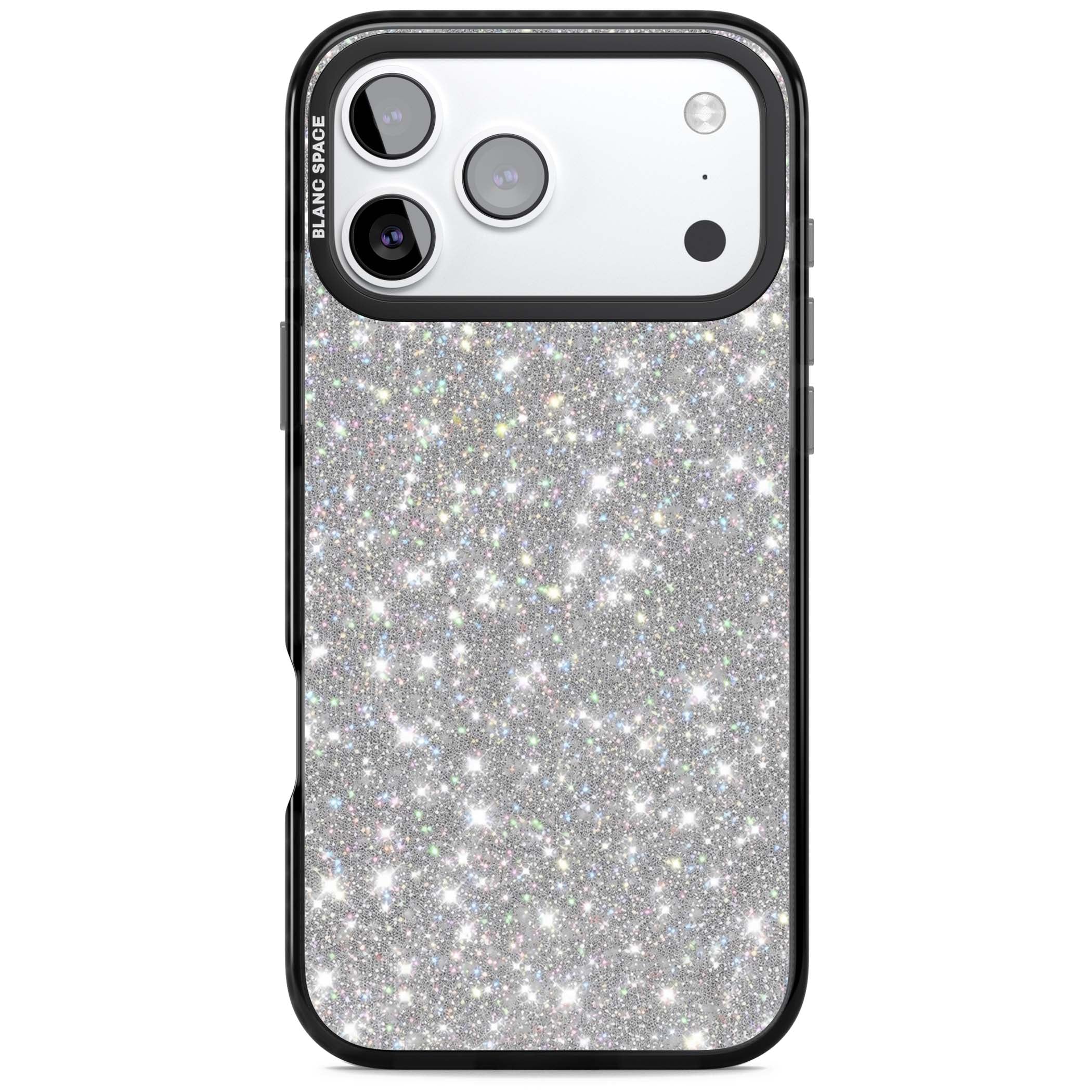 Diamond glam iPhone case featuring silver glitter sparkle and shimmering diamond dust effect | Black Impact Magsafe case for iPhone 17 Pro, iPhone 17 Pro Max