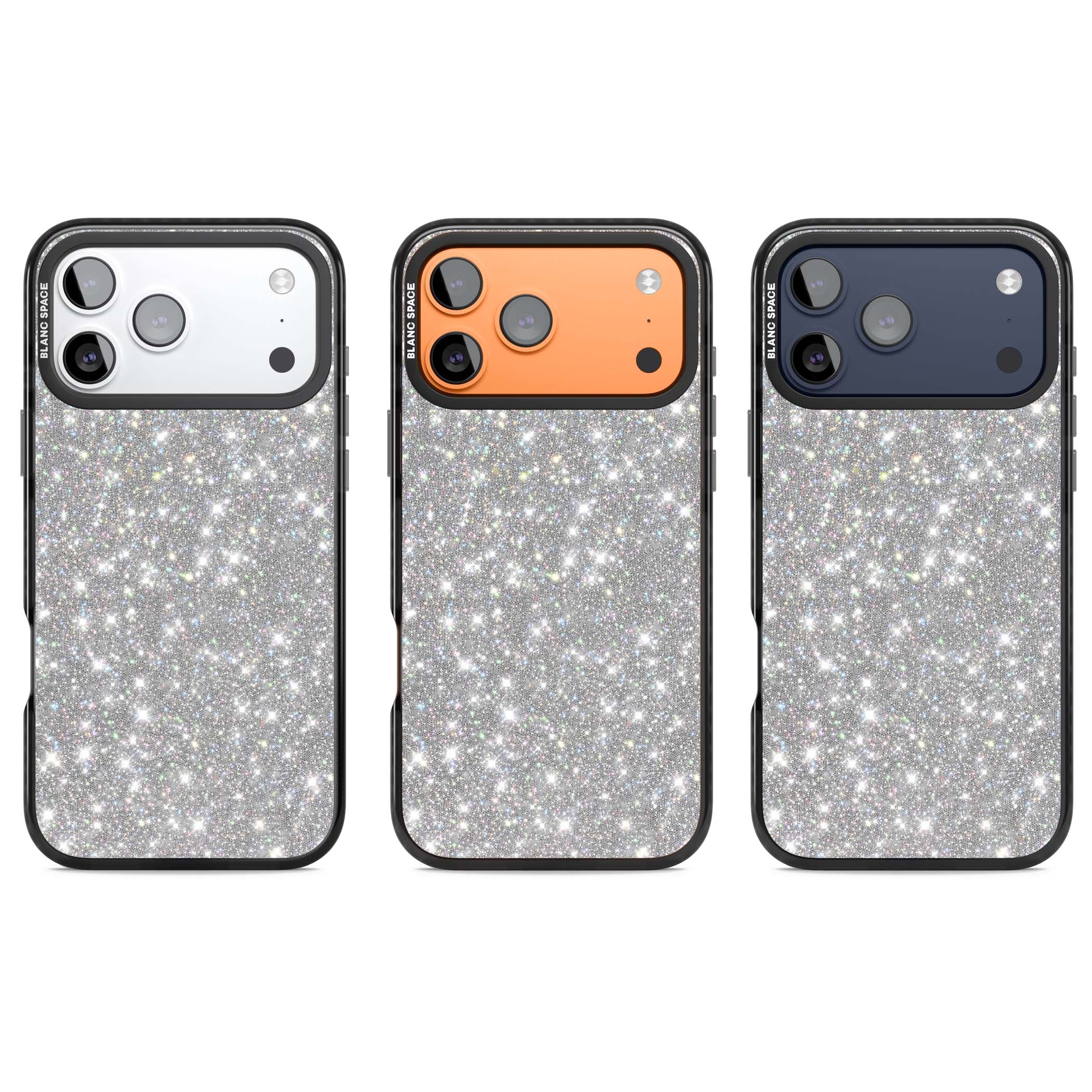 Diamond glam iPhone case featuring silver glitter sparkle and shimmering diamond dust effect | Black Impact Magsafe case for iPhone 17 Pro, iPhone 17 Pro Max