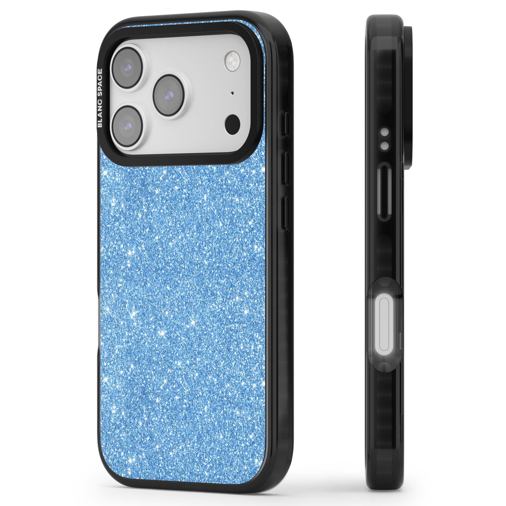 Blue Glitter blue glitter iPhone case featuring dense sparkling cerulean glitter with a glamorous shimmering finish | Black Impact Magsafe case for iPhone 17 Pro, iPhone 17 Pro Max