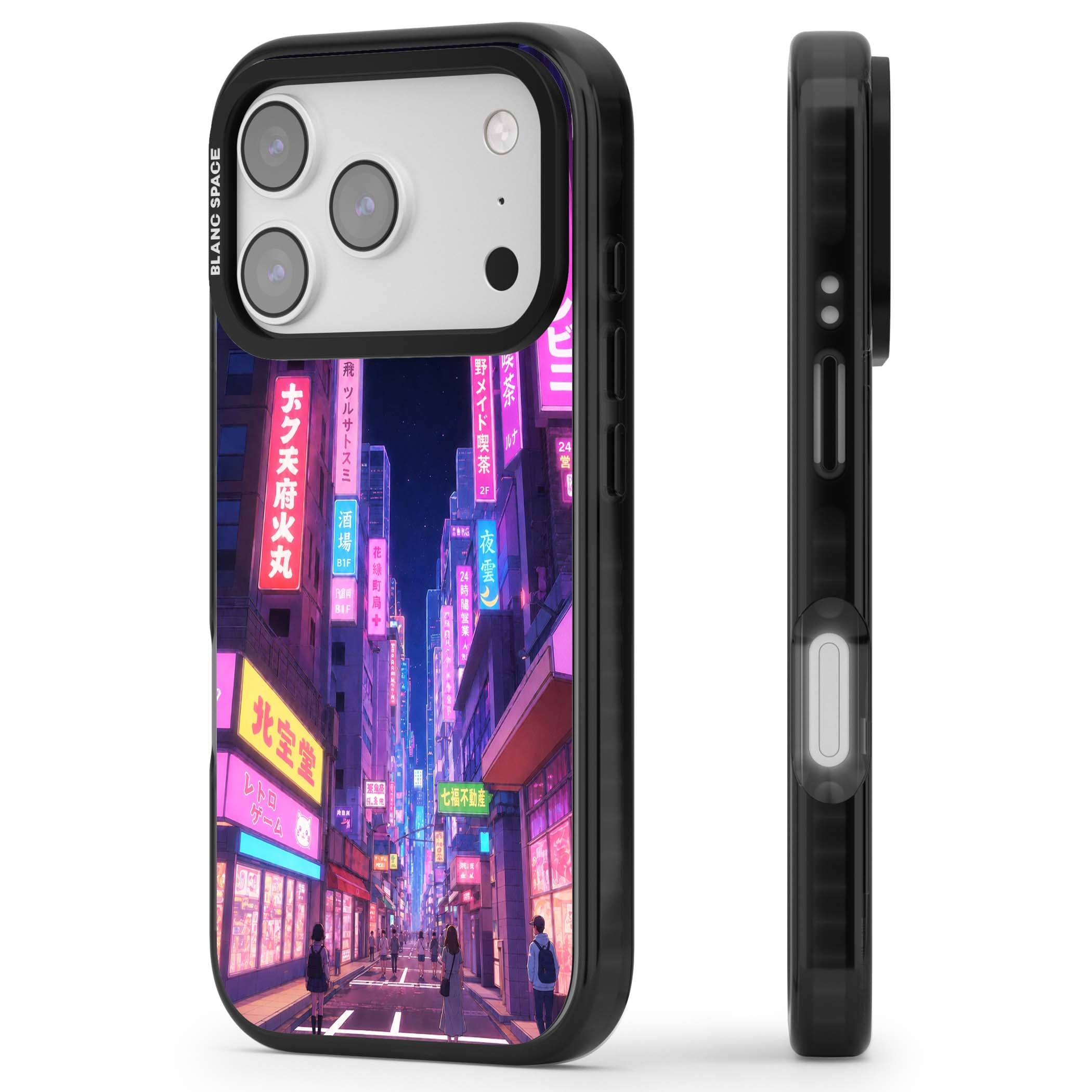 Shibuya At Night Japanese neon city iPhone case featuring glowing kanji signs, pink storefronts and a Tokyo street at n | Black Impact Magsafe case for iPhone 17 Pro, iPhone 17 Pro Max