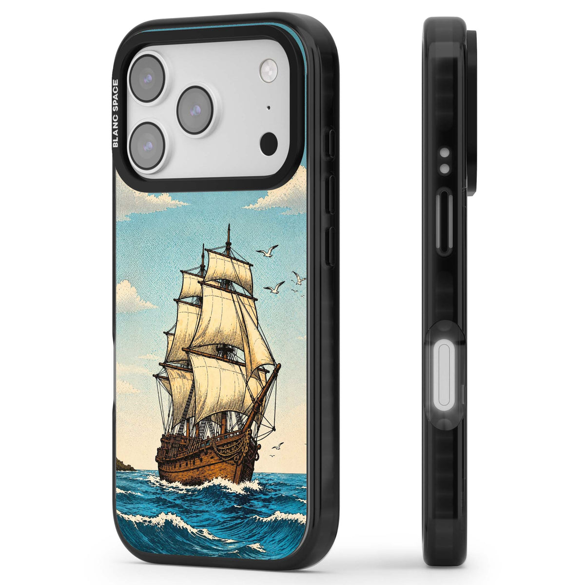 Ship at Sea nautical iPhone case featuring a vintage tall ship, ocean waves and seagulls | Black Impact Magsafe case for iPhone 17 Pro, iPhone 17 Pro Max
