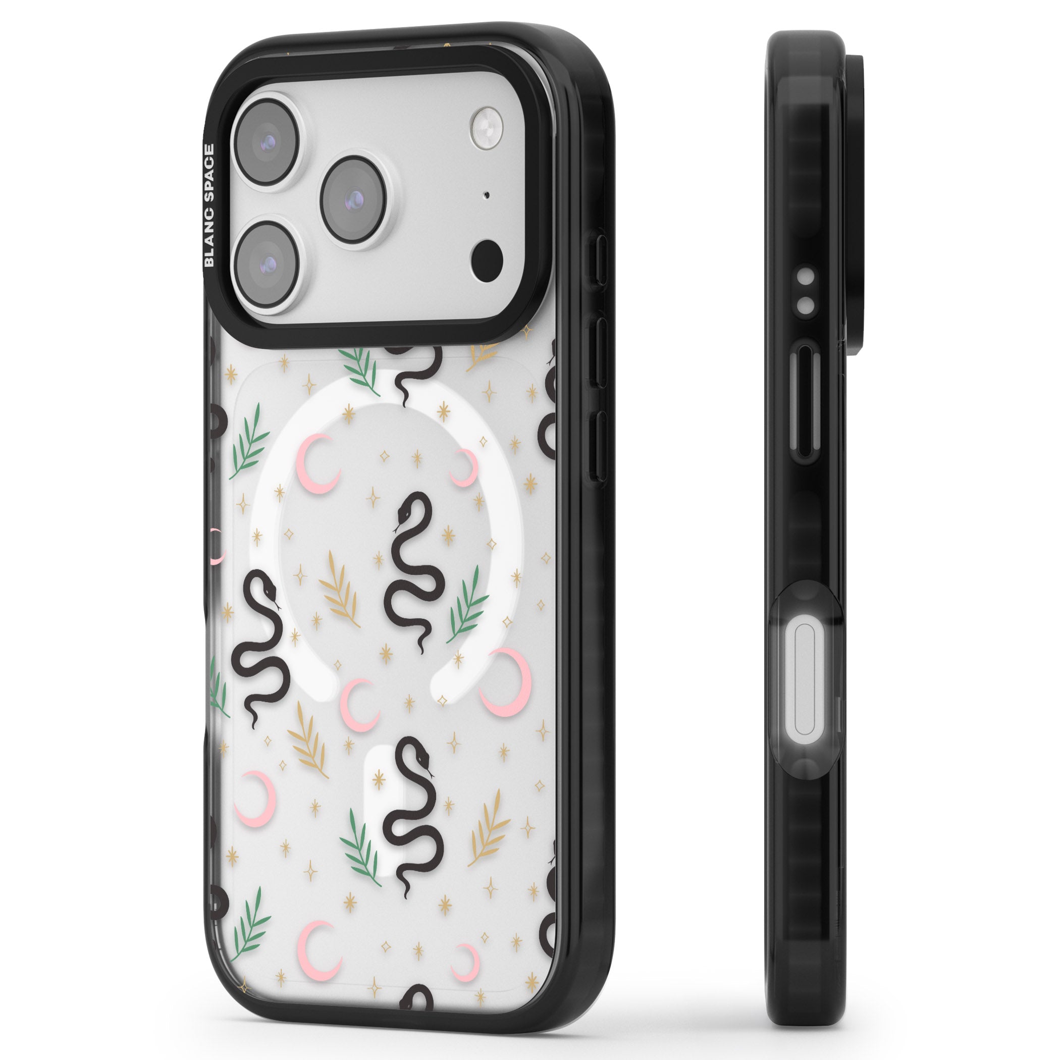 Snake & Moon Pattern iPhone 17 Pro Impact Pro Black Phone Case Side Profile