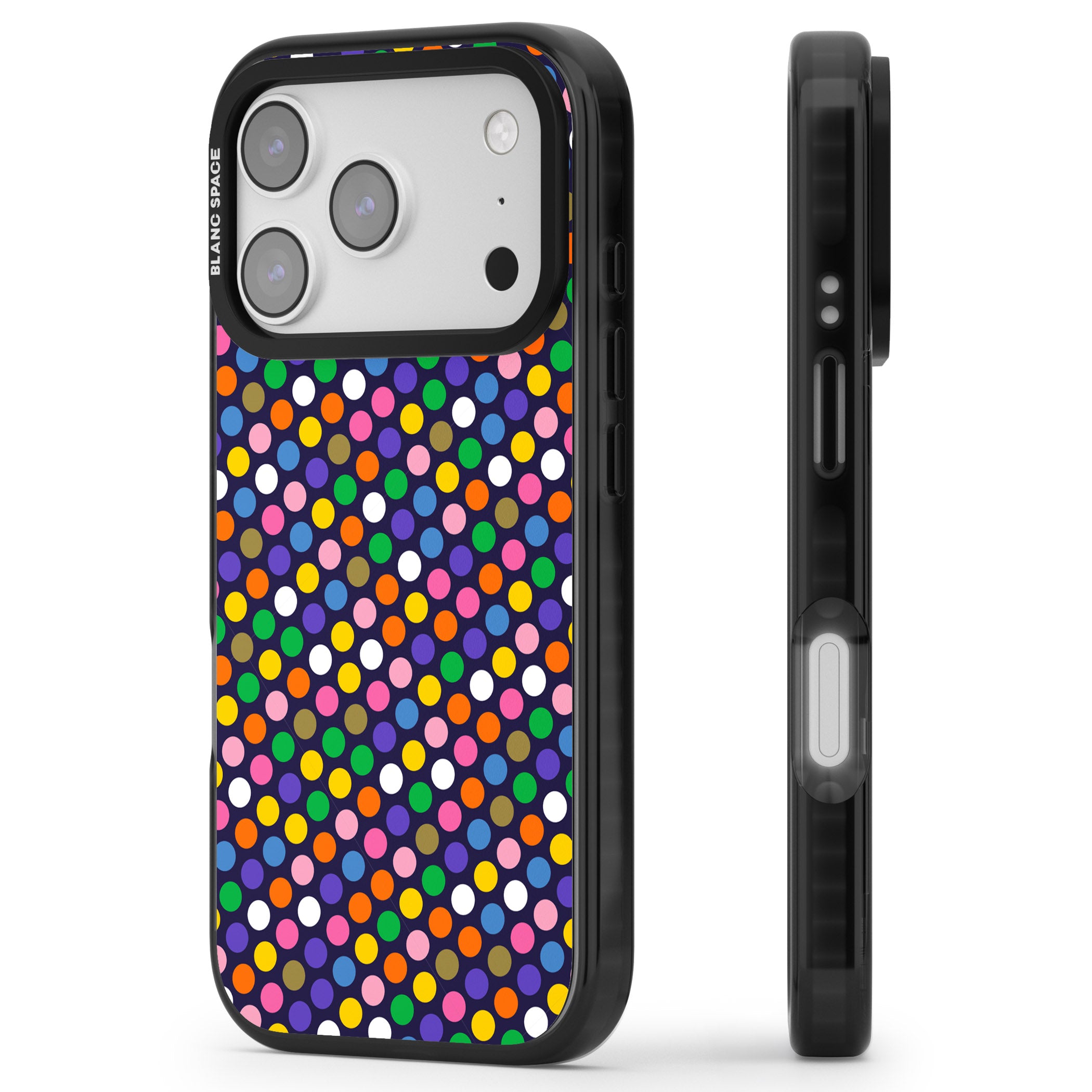 Multicolour Polka Dot Fiesta (Purple) iPhone 17 Pro Impact Pro Black Phone Case Side Profile